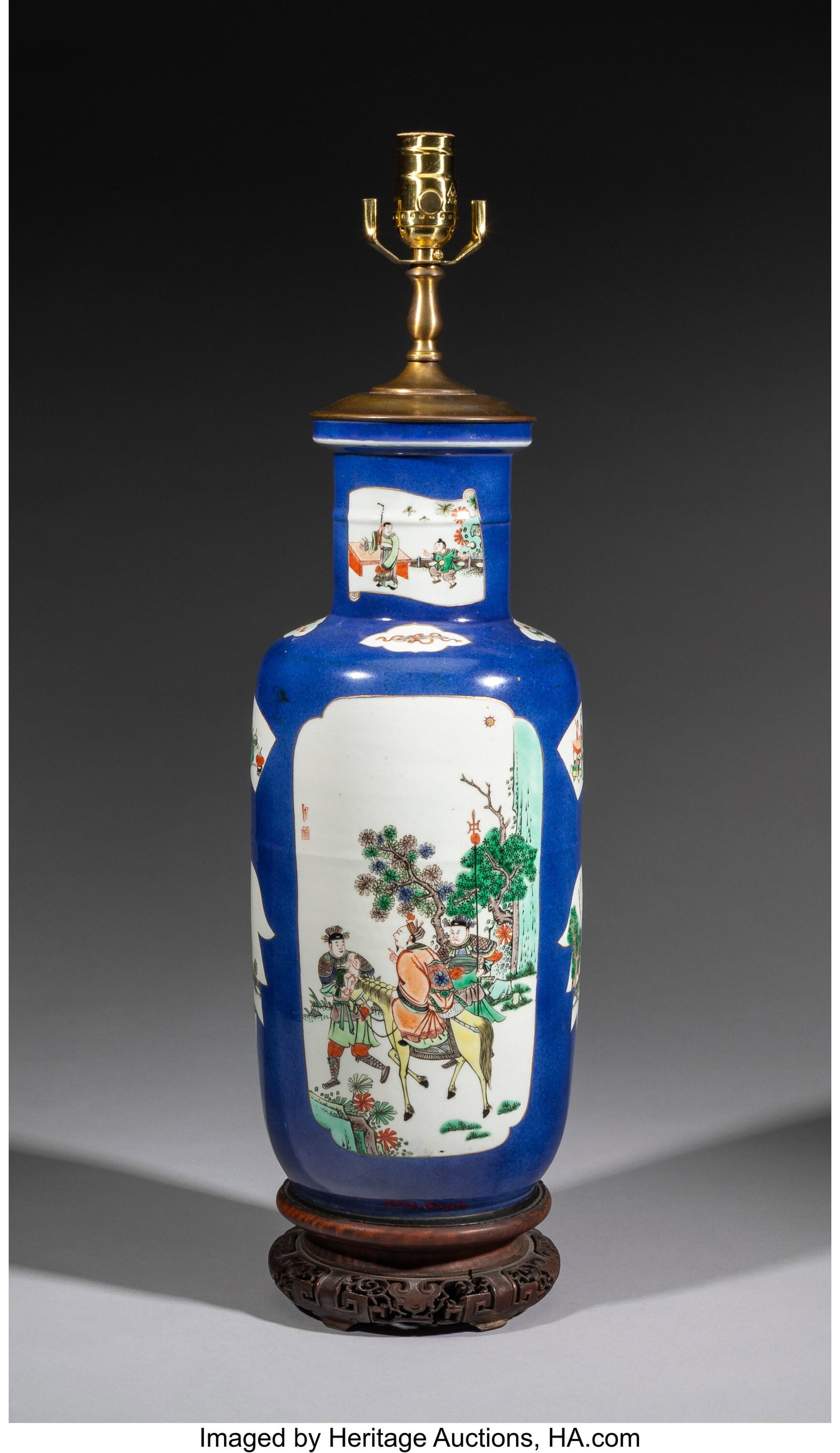 A Chinese Blue-Ground Vase Mounted as Lamp on Wo (1 of 5)
