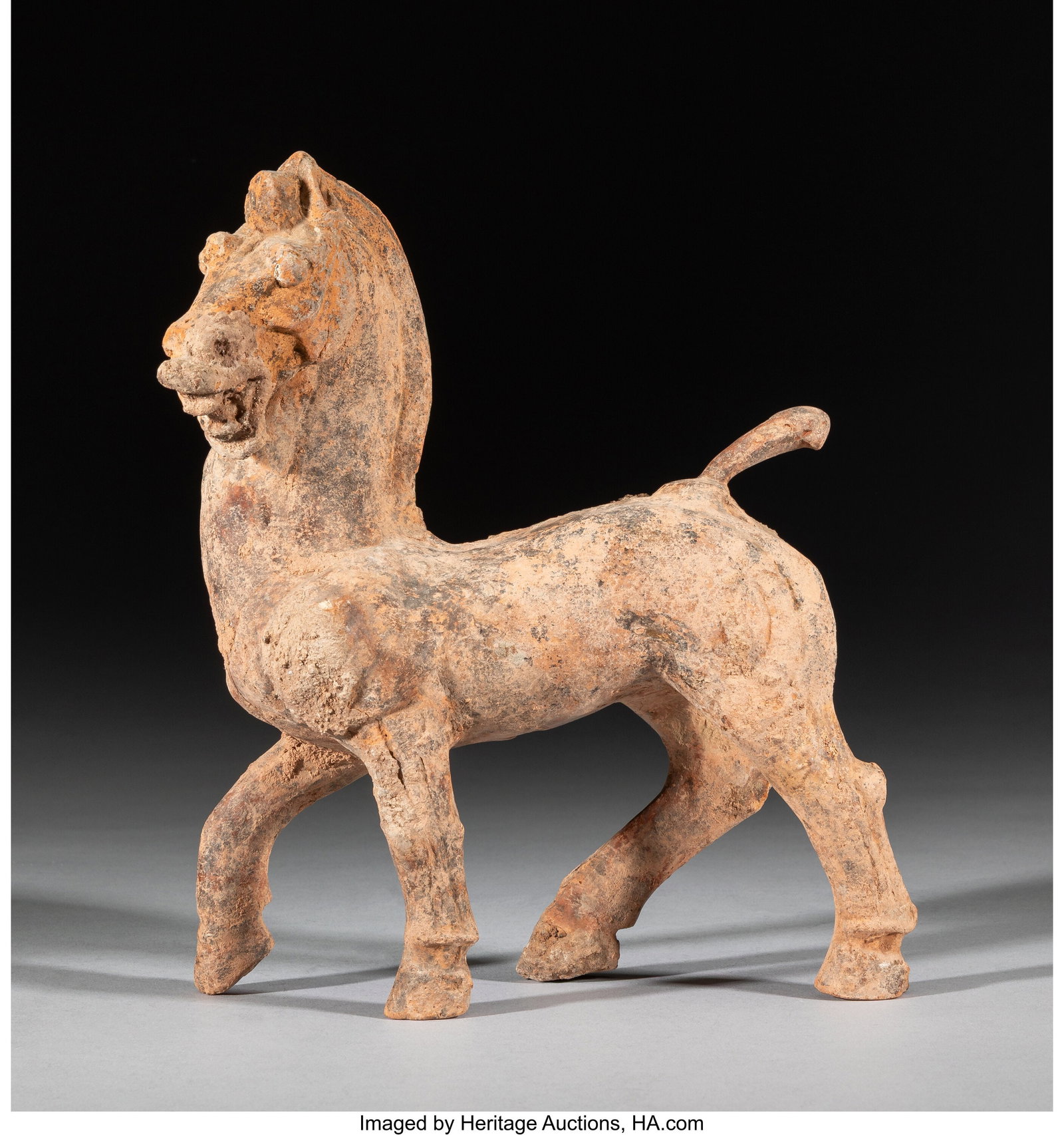 A Chinese Pottery Horse, Tang dynasty 10-1/4 x 9: A Chinese Pottery Horse, Tang dynasty 10-1/4 x 9-1/4 x 3-3/8 inches (26.0 x 23.5 x 8.6 cm) HID03101062020 © 2026 Heritage Auctions | All Righ