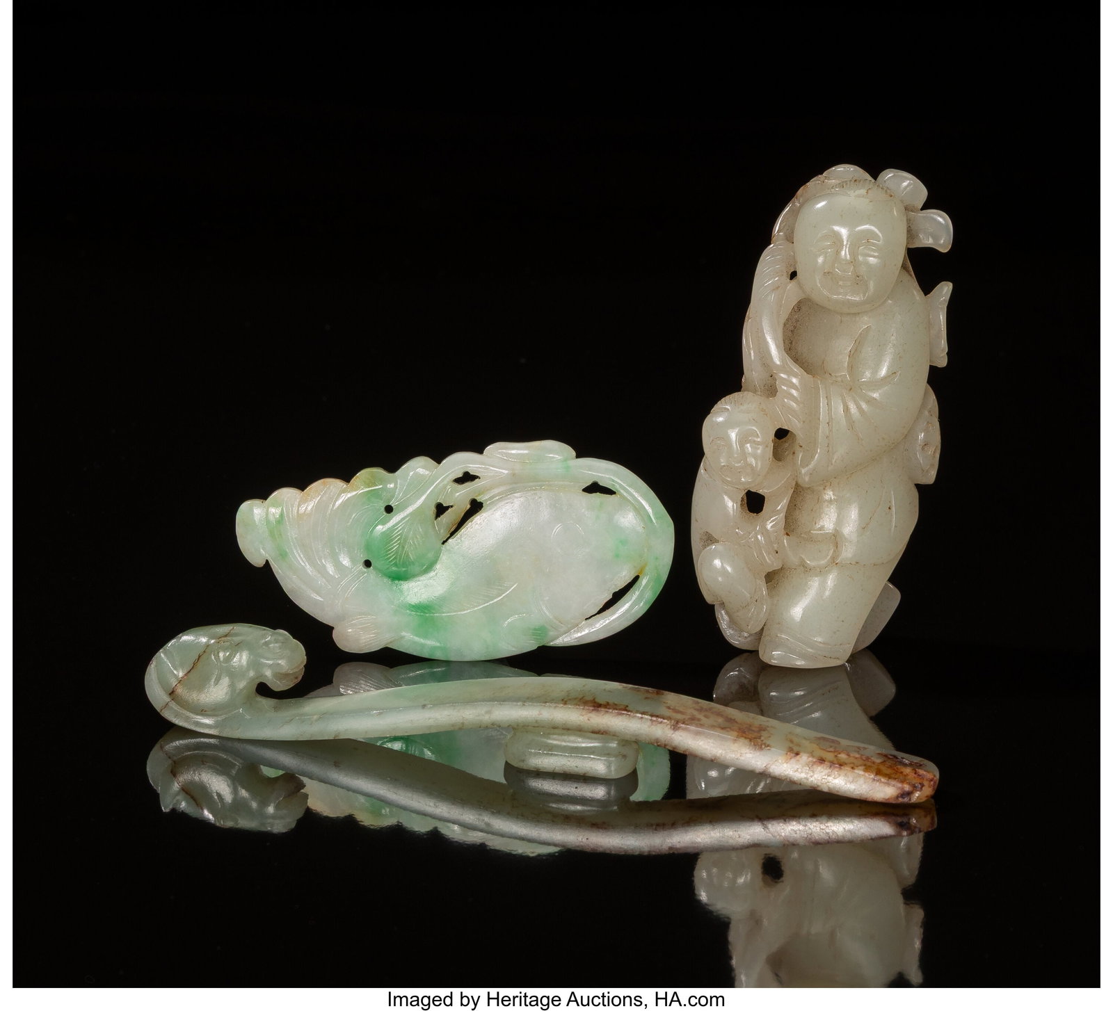 A Group of Three Chinese Jade and Jadeite Carvin: A Group of Three Chinese Jade and Jadeite Carvings, 19th century and later 5 x 0-1/4 x 0-1/2 inches (12.7 x 0.6 x 1.3 cm) (tallest, belt buckle&
