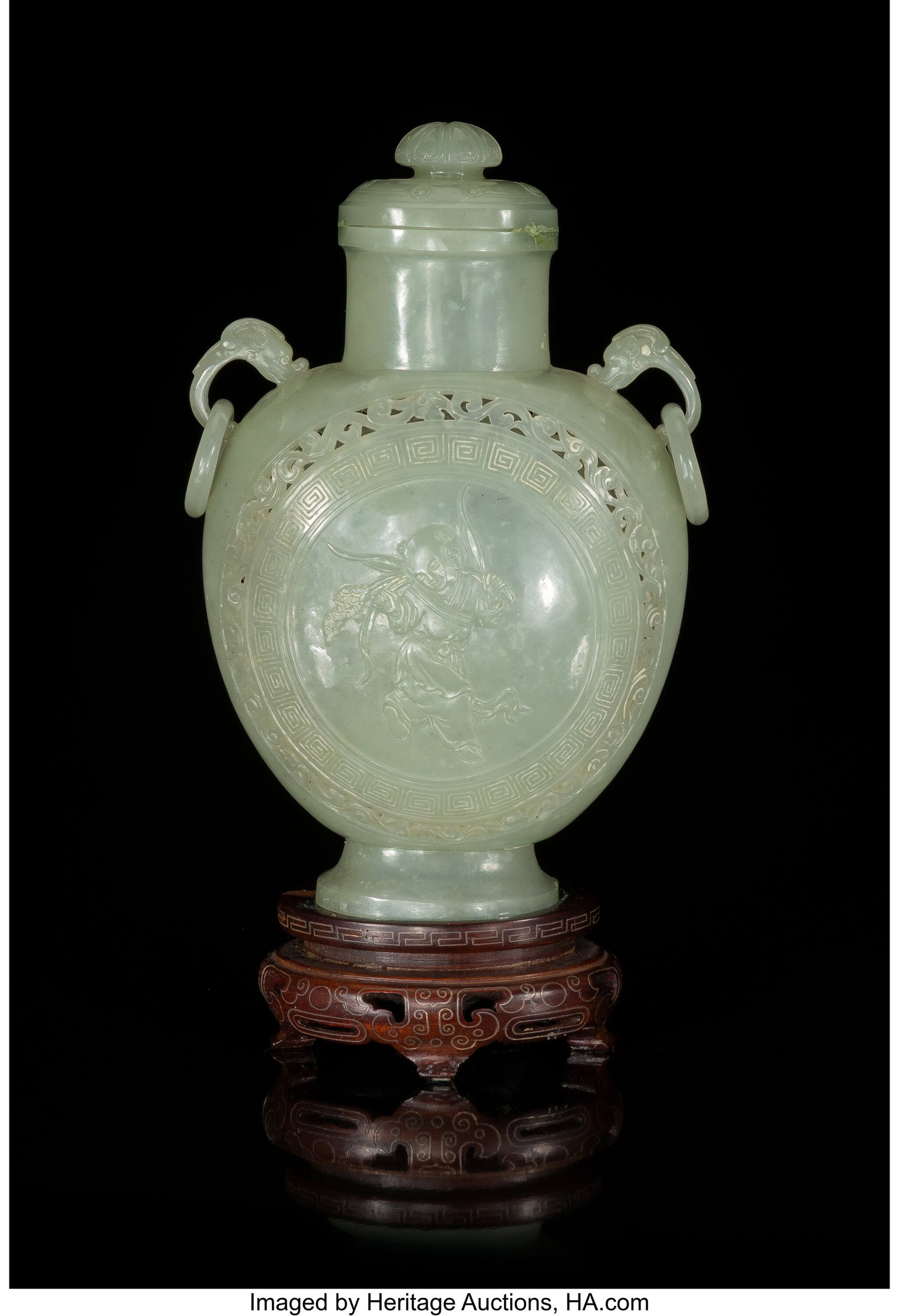 A Chinese Carved Celadon Jade Two-Handled Covere (1 of 4)