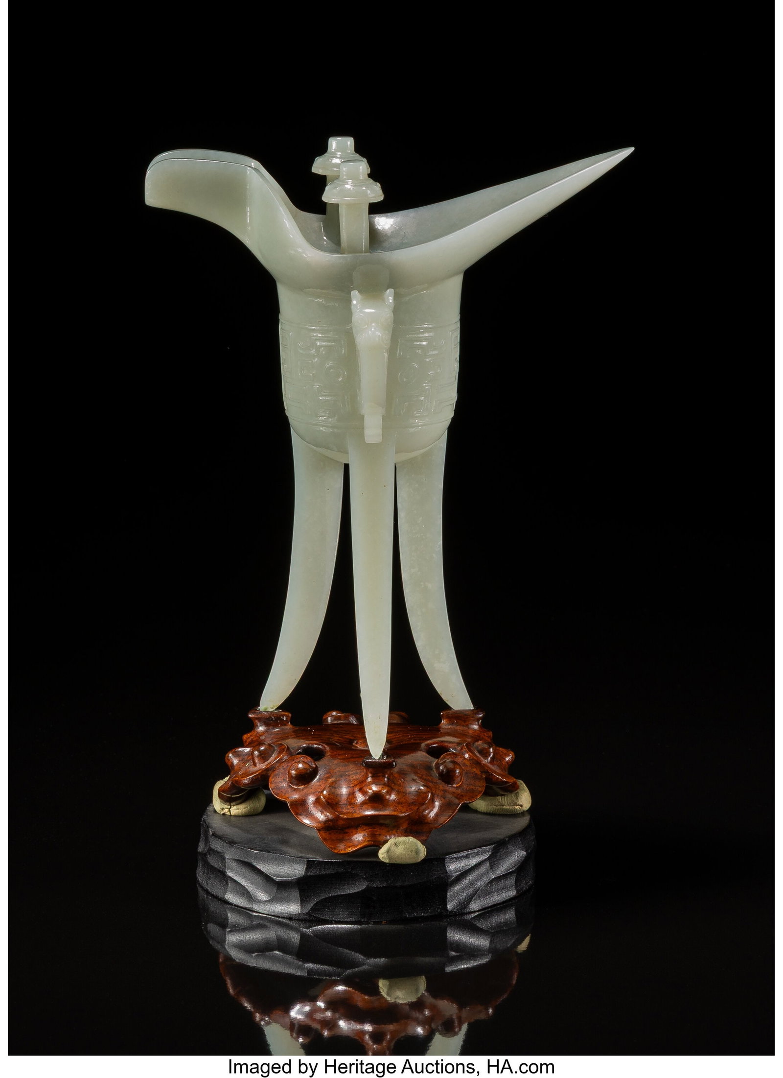 A Chinese Carved Celadon Jade Jue Cup, 20th cent (1 of 4)