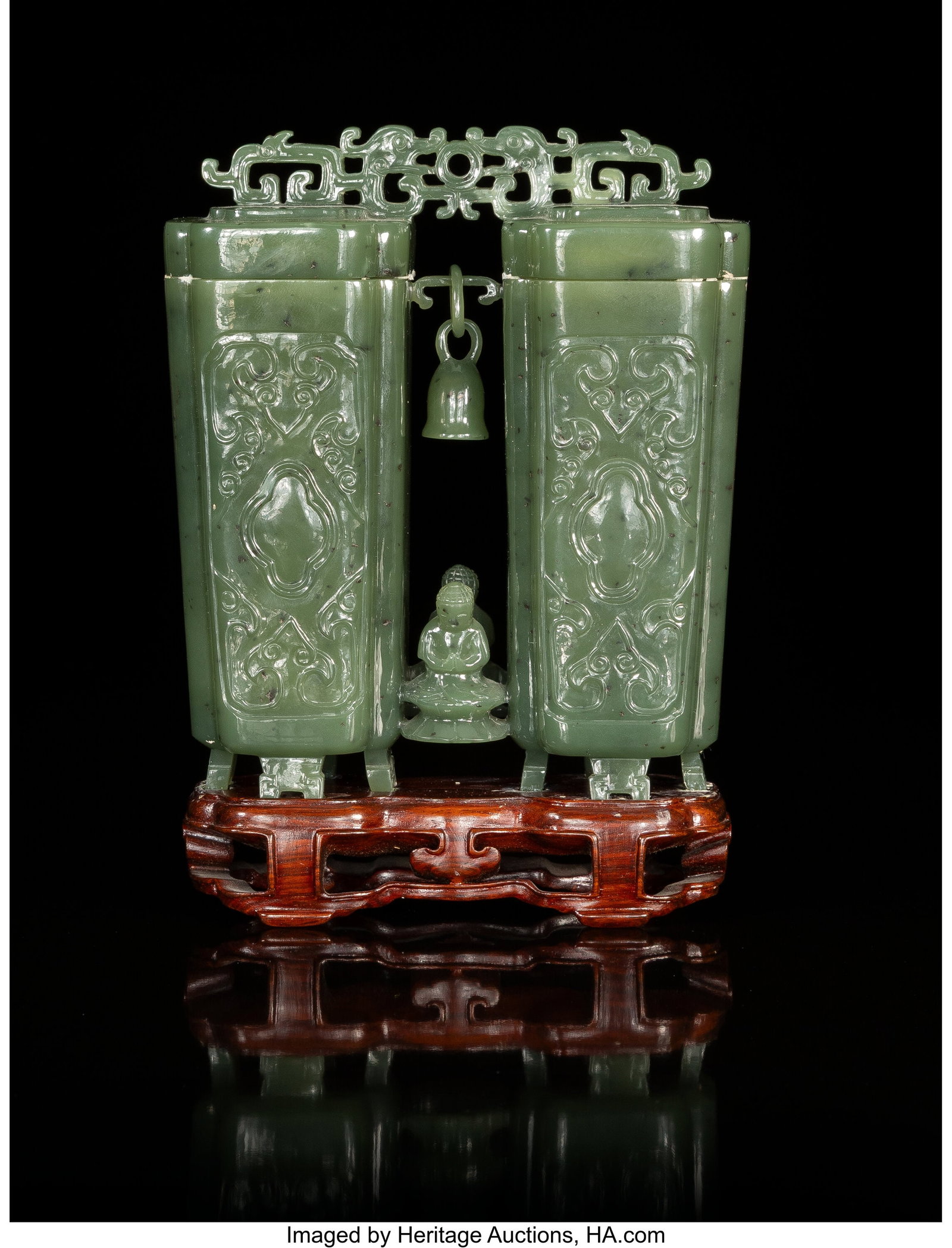 A Chinese Carved Spinach Jade Covered Conjoined  (1 of 3)