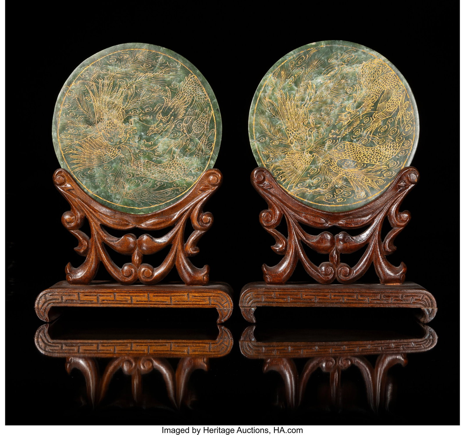 A Pair of Chinese Jade Plaques with Gilt Phoenix: A Pair of Chinese Jade Plaques with Gilt Phoenix Decoration, 20th century 7 x 7 x 0-1/8 inches (17.8 x 17.8 x 0.3 cm) (each) HID03101062020 © 20