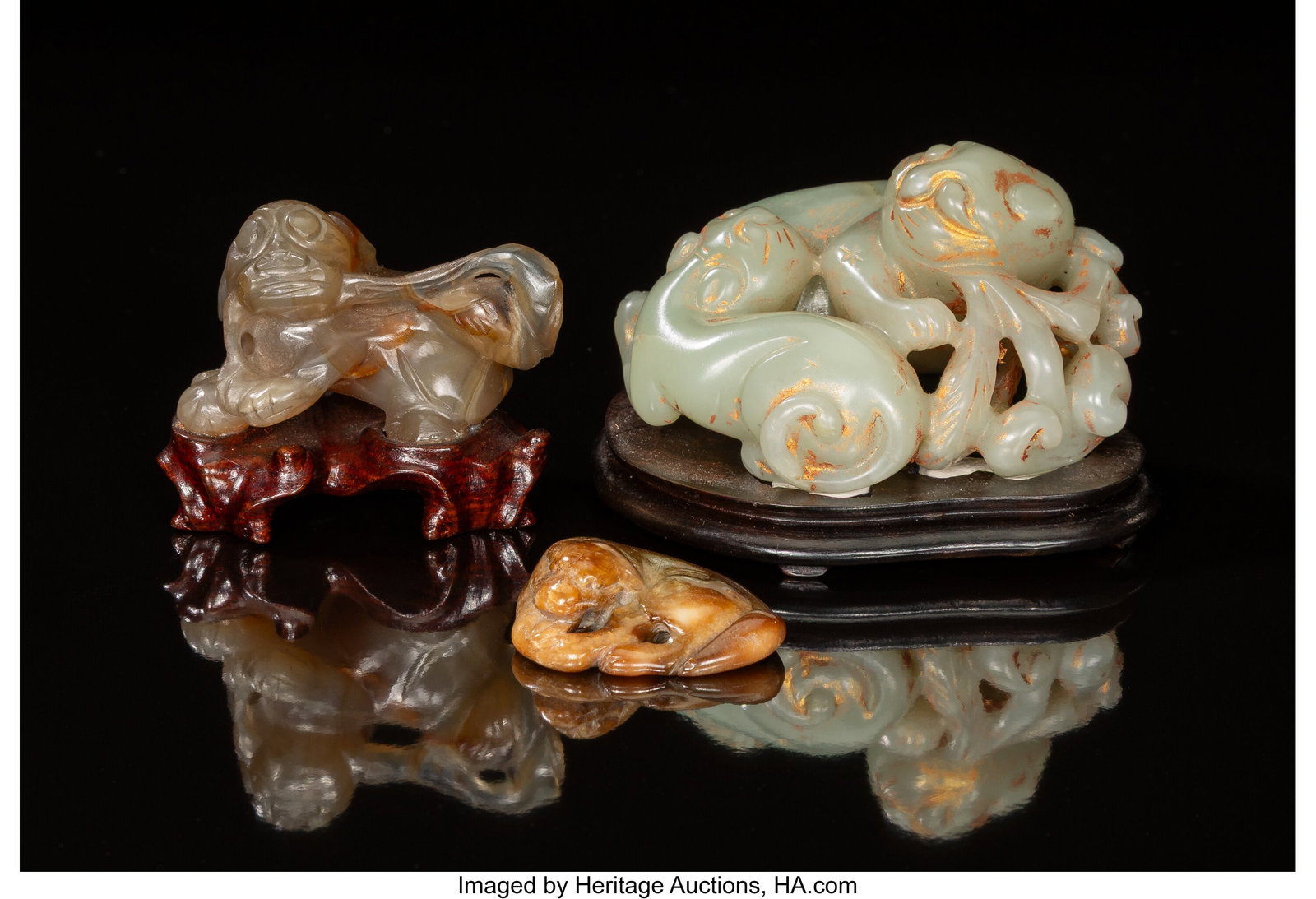 A Group of Three Chinese Jade and Hardstone Cat : A Group of Three Chinese Jade and Hardstone Cat Figures, Qing dynasty and later 2-3/8 x 3-3/8 x 2-3/4 inches (6.0 x 8.6 x 7.0 cm) (largest) H