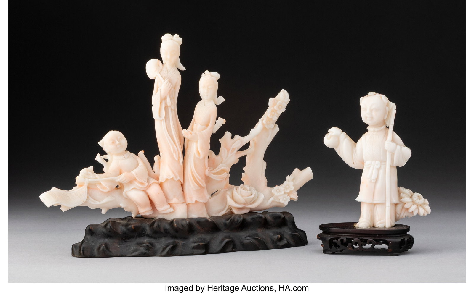 Two Chinese Carved Coral Figural Groups on Wood  (1 of 4)