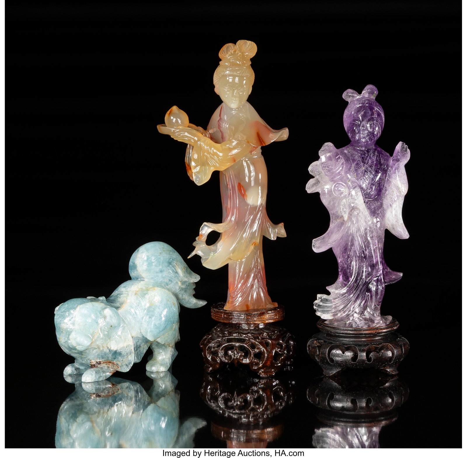 A Group of Three Chinese Hardstone Carvings 5-1/: A Group of Three Chinese Hardstone Carvings 5-1/8 x 2-1/2 x 1-1/2 inches (13.0 x 6.3 x 3.8 cm) (tallest, work) 6-1/4 x 2-1/2 x 1-3&so