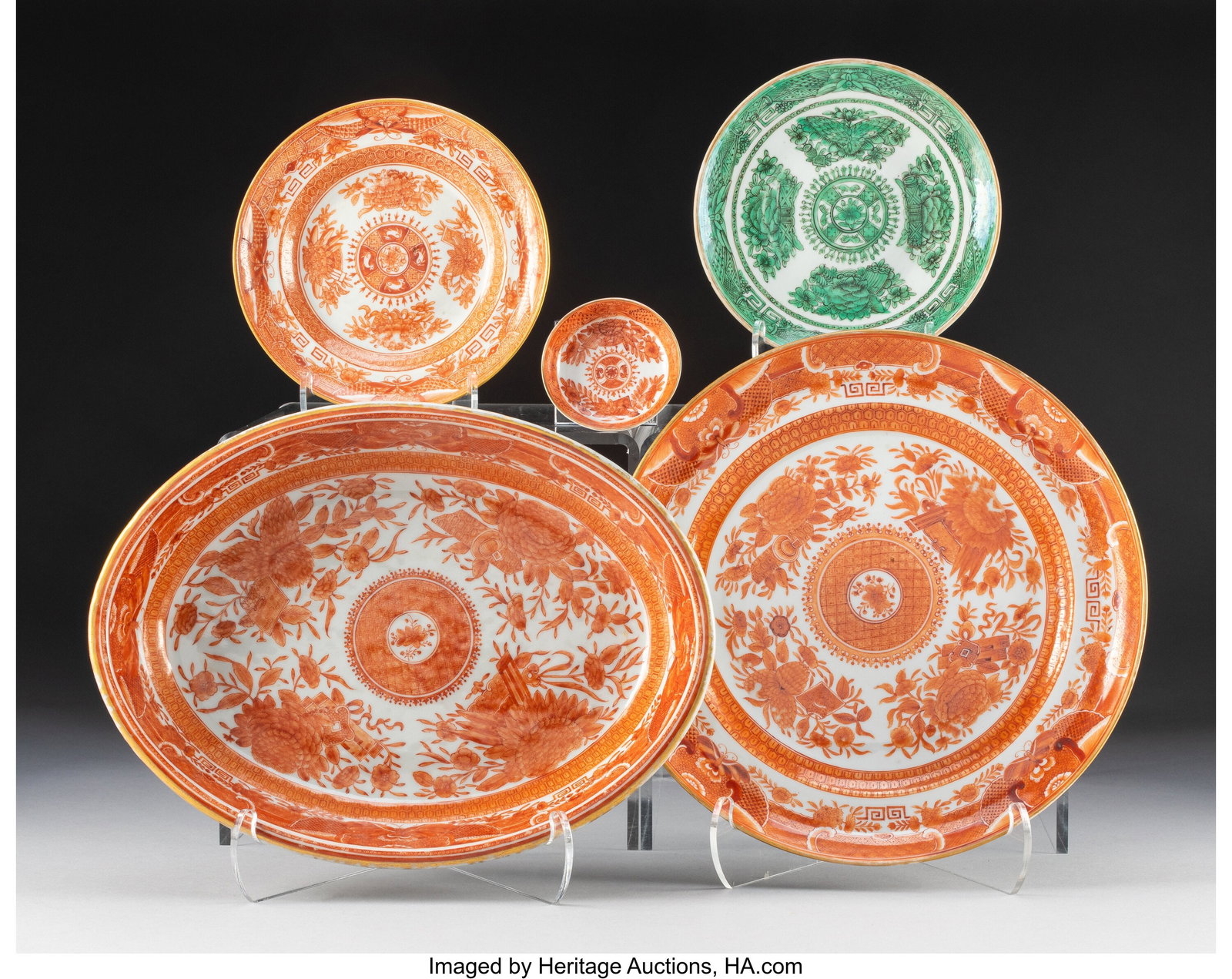 A Group of Five Chinese Export Green and Orange : A Group of Five Chinese Export Green and Orange Fitzhugh Pattern Dishes 1-3/4 x 11-1/8 x 8-1/4 inches (4.4 x 28.3 x 21.0 cm) (largest, oval bowl&r