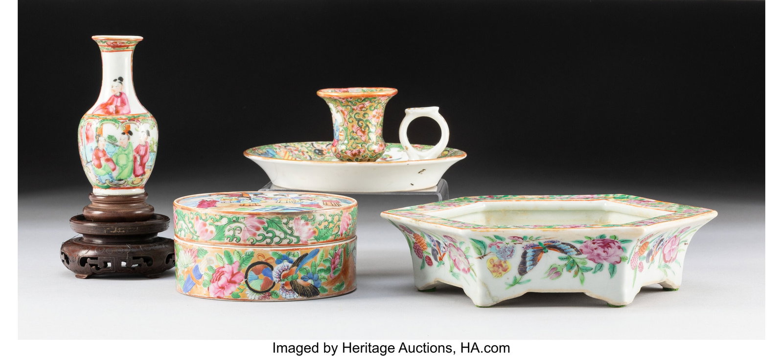 A Group of Four Chinese Export Enameled and Part: A Group of Four Chinese Export Enameled and Partial Gilt Table Articles 3-1/4 x 1-3/4 x 1-3/4 inches (8.3 x 4.4 x 4.4 cm) (tallest, vase) The