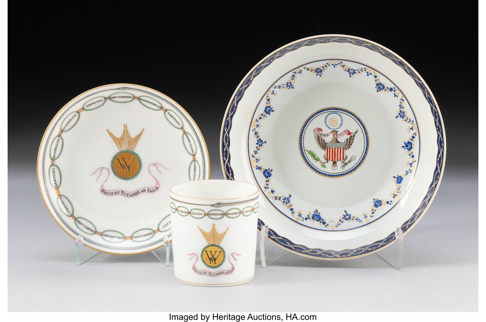 Two Chinese Export Federal-Style Dishes and a Cu: Two Chinese Export Federal-Style Dishes and a Cup, 20th century Marks to largest: Puiforcat, Limoges, France 1-1/4 x 5-5/8 inches (3.2 x 14.3 cm&rpar