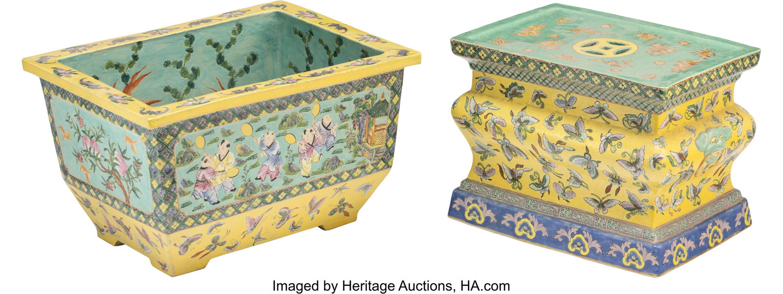 A Chinese Export Enameled Jardinière on Stand 2: A Chinese Export Enameled Jardinière on Stand 24 x 20-1/4 x 15-1/4 inches (61.0 x 51.4 x 38.7 cm) This planter displays a fishbowl interior and children a