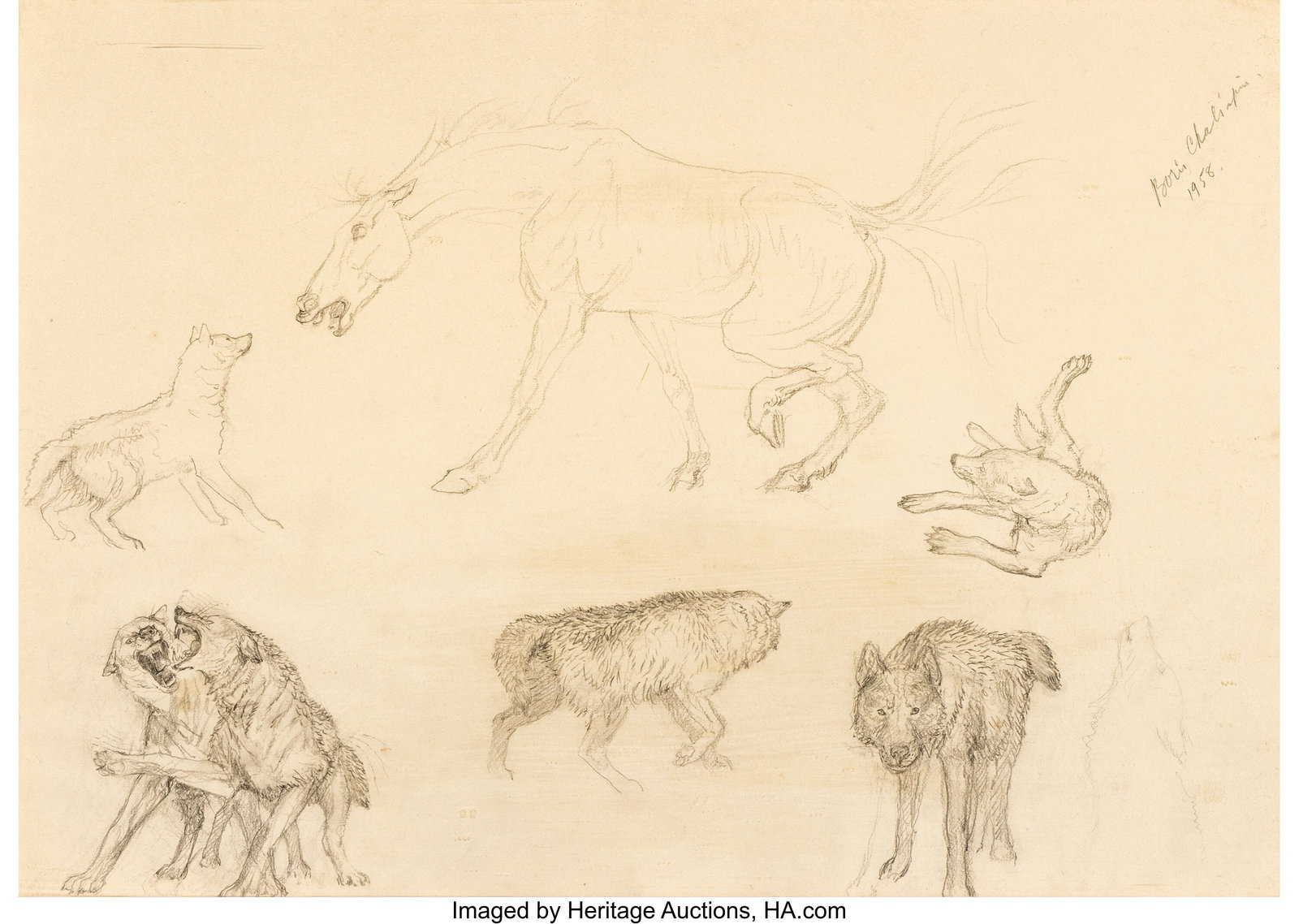 Boris Chaliapin (American, 1897-1979) Animal stu: Boris Chaliapin (American, 1897-1979) Animal studies, 1958 Graphite on paper 13-1/2 x 19-1/2 inches (34.3 x 49.5 cm) Signed and dated upper right&