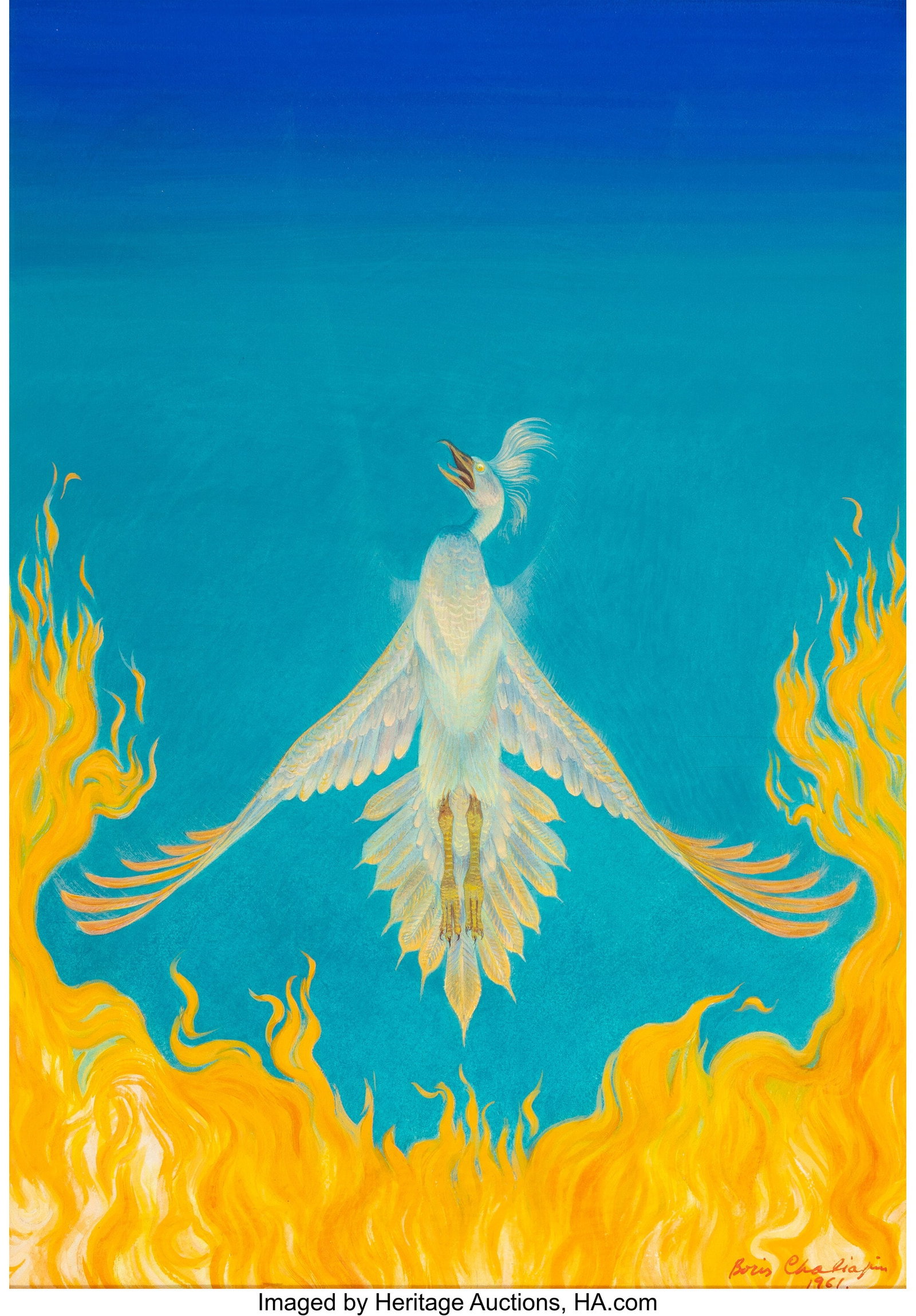 Boris Chaliapin (American, 1897-1979) Flight of : Boris Chaliapin (American, 1897-1979) Flight of the phoenix, 1961 Gouache on board 16 x 11-1/4 inches (40.6 x 28.6 cm) (sight) Signed and da