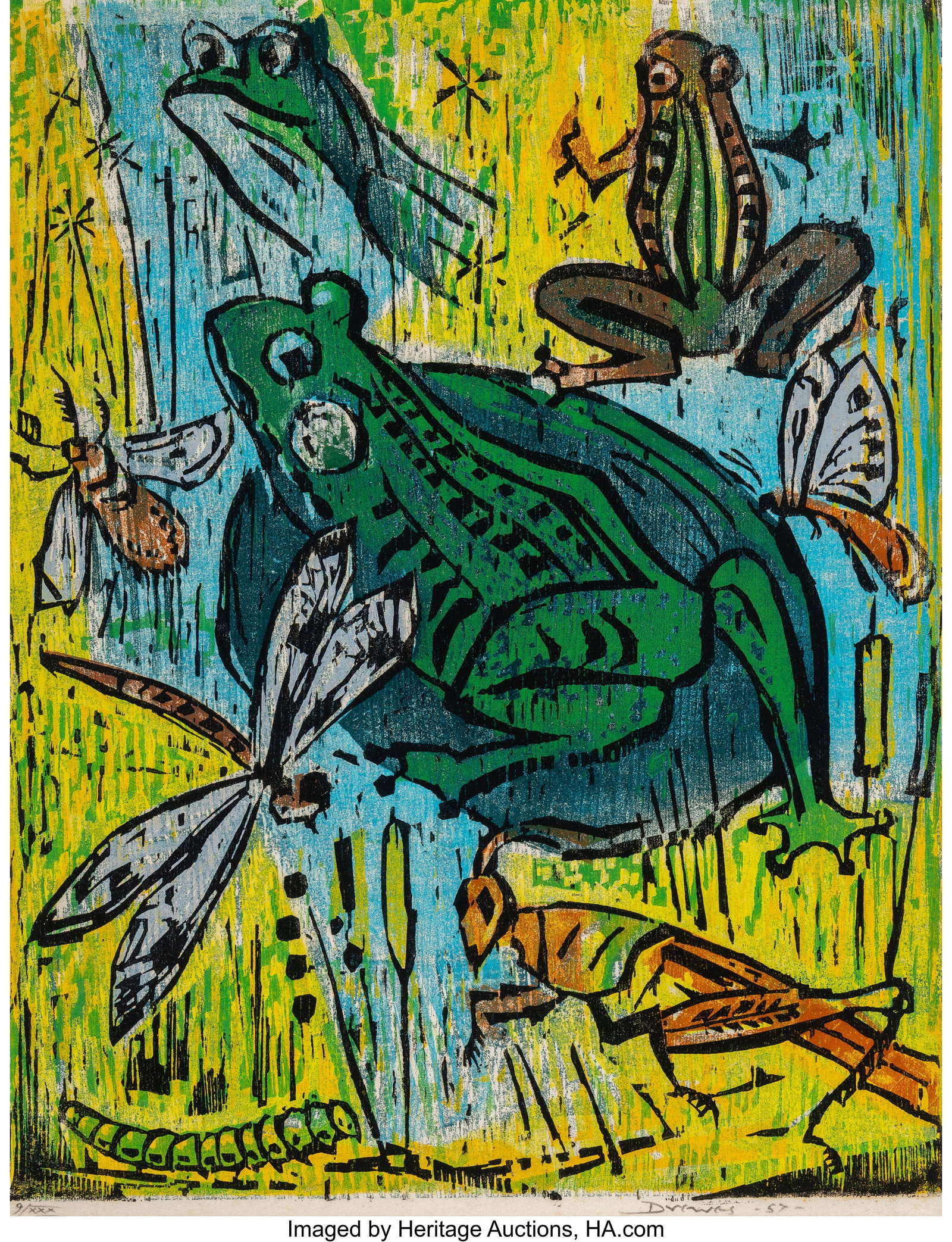 Werner Drewes (American, 1899-1985) Frogs and In: Werner Drewes (American, 1899-1985) Frogs and Insects, 1957 Woodcut in colors on wove paper 23-1/4 x 17-3/4 inches (59.1 x 45.1 cm) (sight&rp
