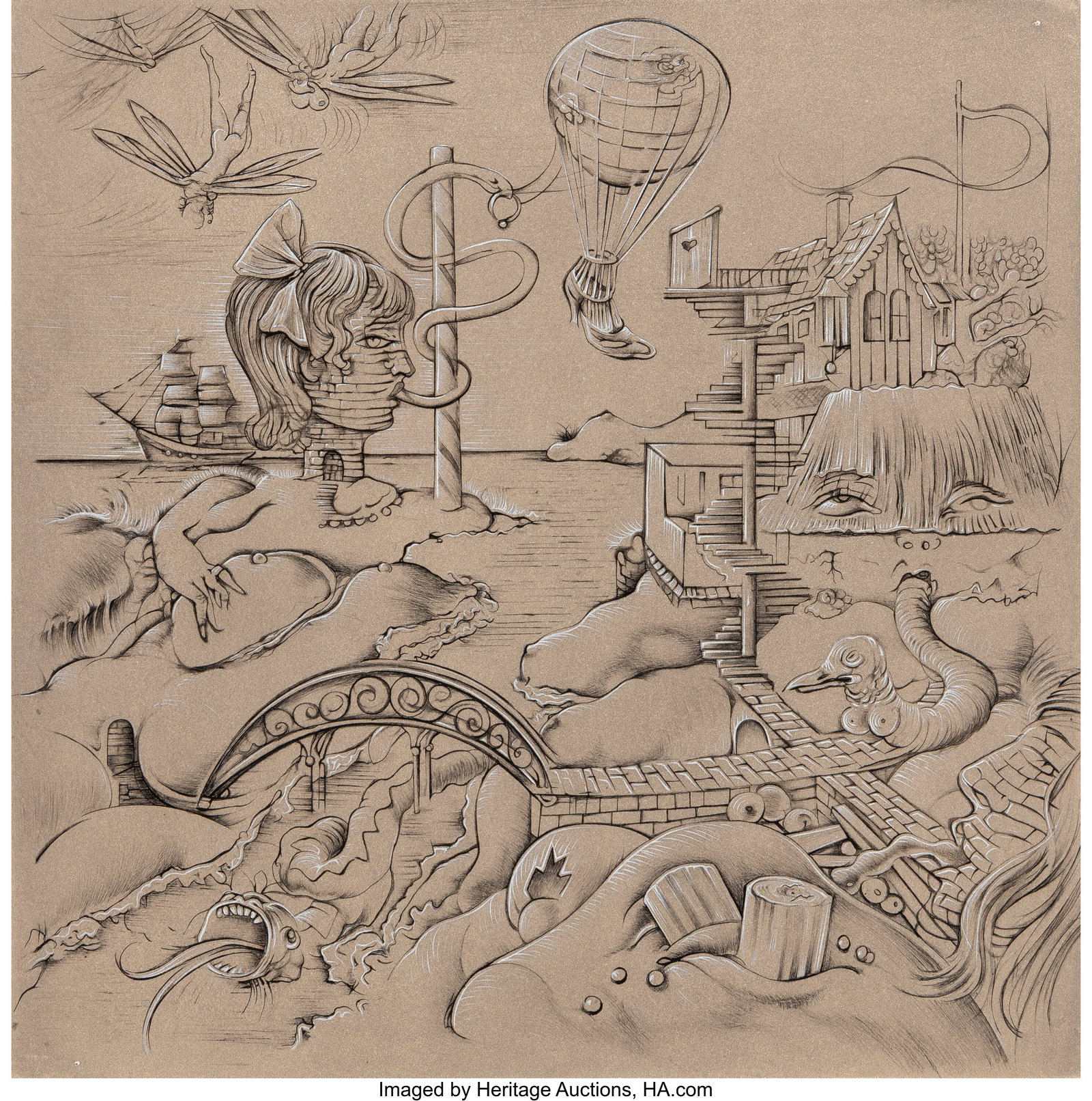 Hans Bellmer (German, 1902-1975) Bon Jour Max Er: Hans Bellmer (German, 1902-1975) Bon Jour Max Ernst (Pays-sage) Etching and aquatint in colors on Arches paper 10-1/4 x 10-1/4 inches (26.0 x 26.0 