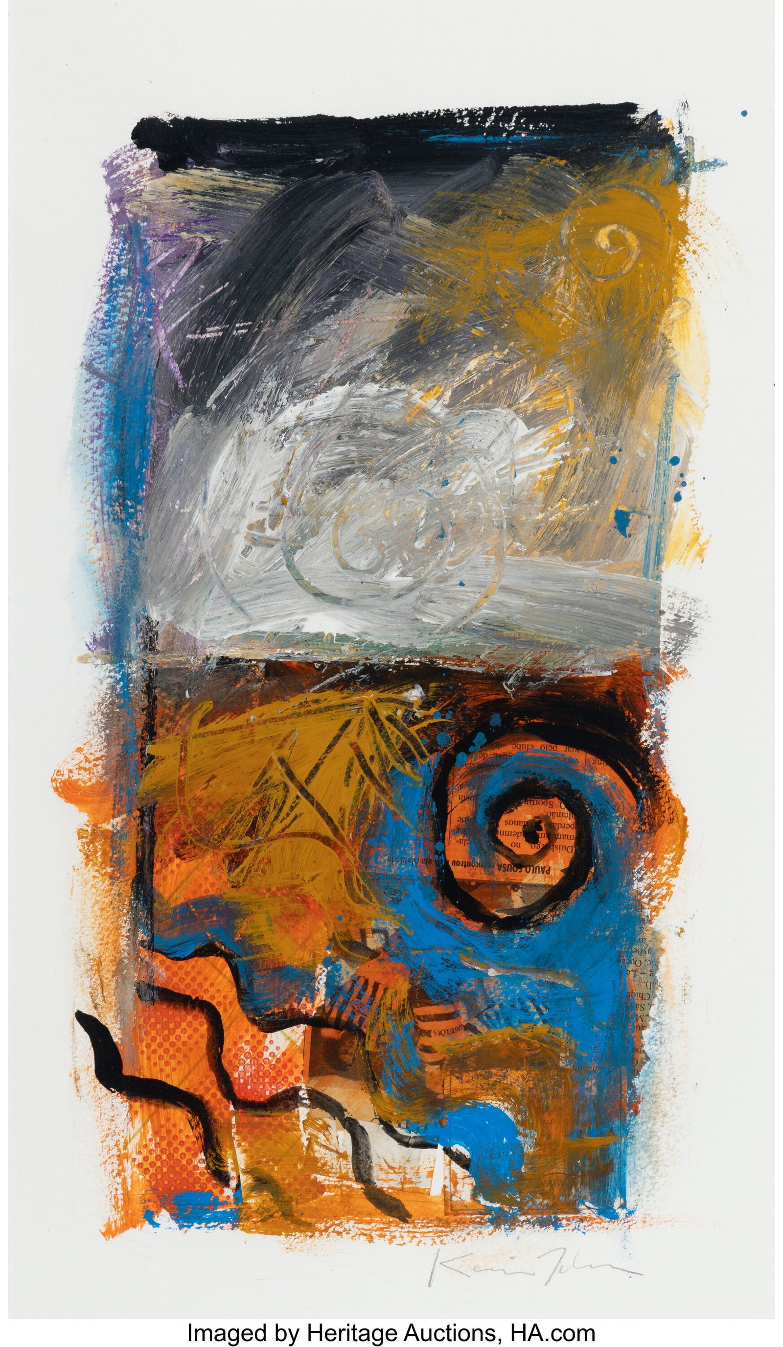 Kevin Tolman (American, b. 1949) Carnival de Eri: Kevin Tolman (American, b. 1949) Carnival de Ericeira and Carnival A Polva (two works), 1999-2000 Acrylic and collage on paper 16-3/4 x 9-7/8 inches &lpa
