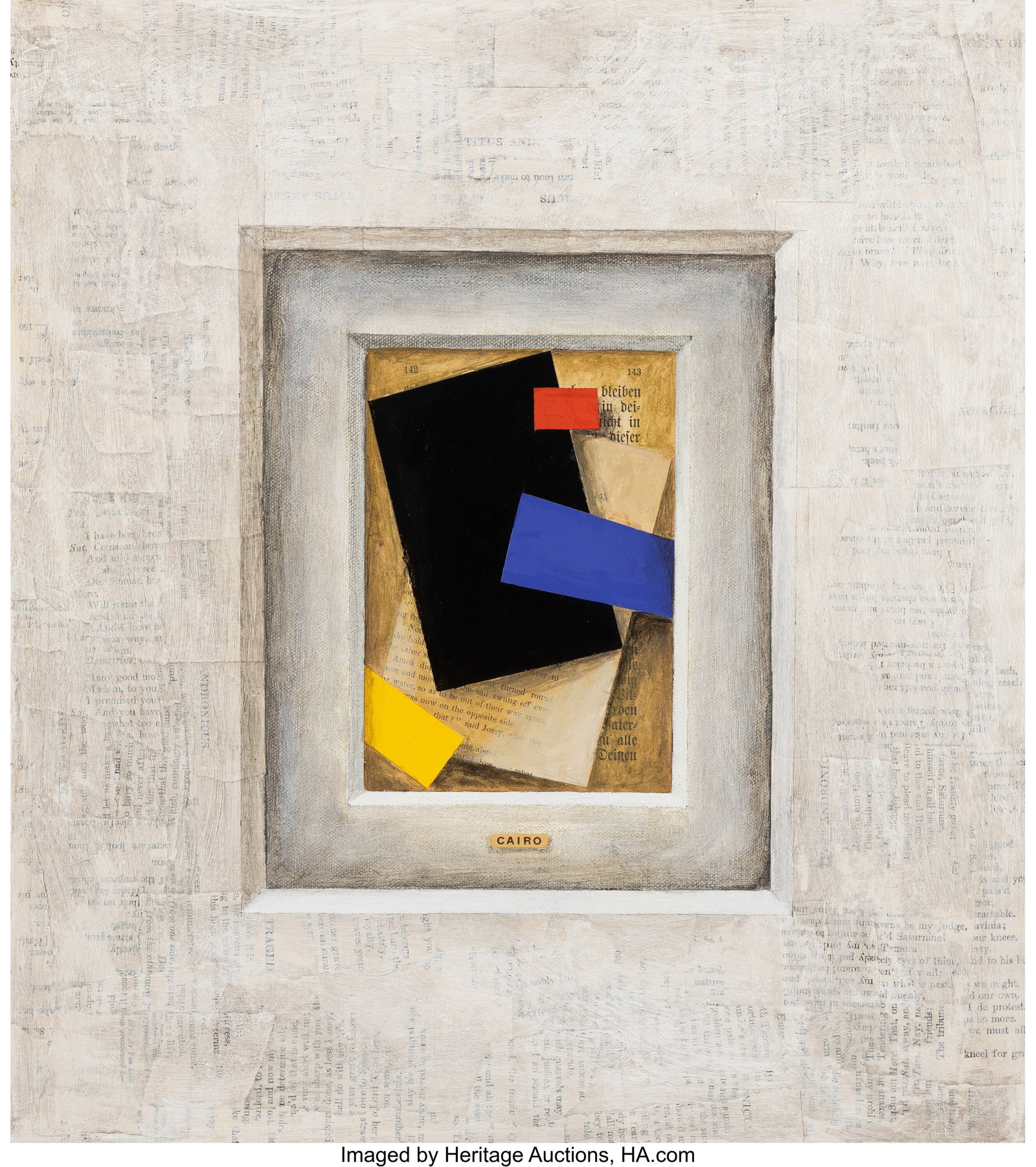 Cecil Touchon (American, b. 1956) Cairo, 1990 Ac: Cecil Touchon (American, b. 1956) Cairo, 1990 Acrylic and collage on canvas 18 x 16 inches (45.7 x 40.6 cm) Signed, titled, dated&comma