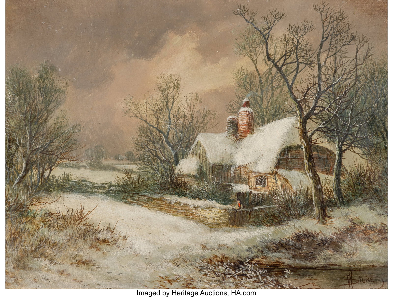 William Stone (American, 1842-1913) House in a W: William Stone (American, 1842-1913) House in a Winter Landscape; House in an Autumn Landscape; House in a Summer Landscape (three works) Oil on canvas 12 x 18 inche