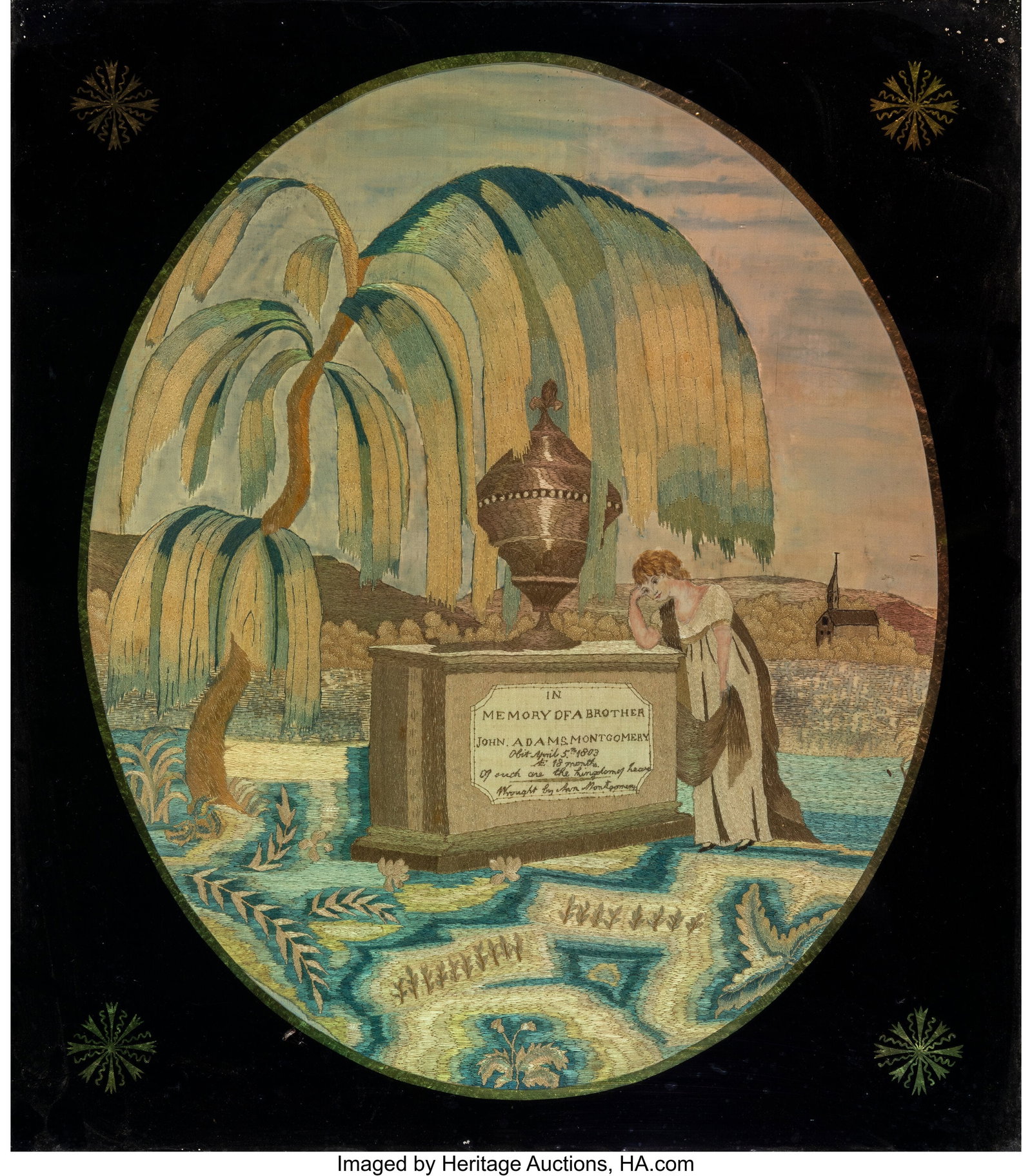 An American Silk Embroidered and Watercolor Memo: An American Silk Embroidered and Watercolor Memorial for John Adams Montgomery by Ann Montgomery, 1803 14-1/2 x 12 inches (36.8 x 30.5 cm) (sight) HID031010