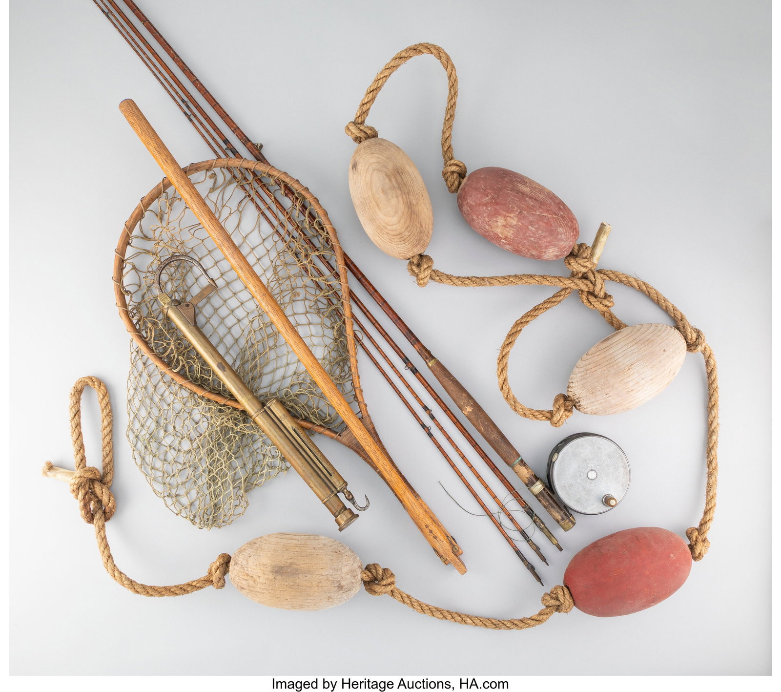 Five Pieces of Victorian Fishing Gear, circa 190: Five Pieces of Victorian Fishing Gear, circa 1900 Marks to reel: MADE BY HARDY BROS LTD, ENGLAND, THE PERFECT 3 7/8" 48 inches long (121.9 cm) (net wh