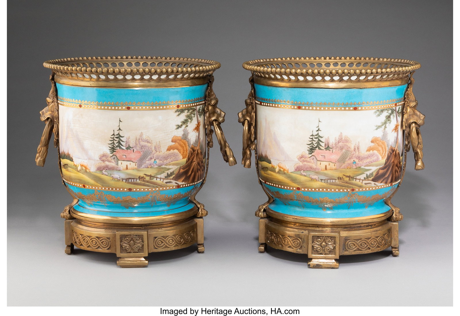 A Pair of Sèvres-Style Gilt Bronze-Mounted and : A Pair of Sèvres-Style Gilt Bronze-Mounted and Enameled Porcelain Cachepots, 19th century Marks: (pseudo-Sèvres mark) 10-7/8 x 11 x 10 inches (27.6 