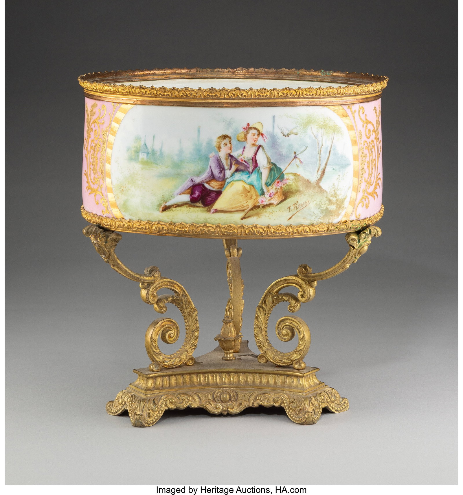 A Sèvres-Style Gilt Bronze-Mounted Porcelain Bo: A Sèvres-Style Gilt Bronze-Mounted Porcelain Bowl on Gilt Bronze Stand, circa 1900 Marks: (pseudo-Sèvres mark), ASH, FRANCE, 860, 10 Signed&