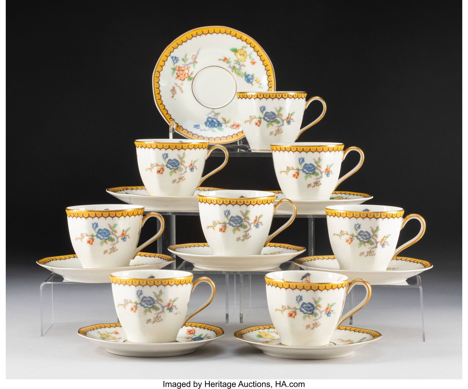 A Set of Eight Haviland Eden Pattern Partial Gil: A Set of Eight Haviland Eden Pattern Partial Gilt Porcelain Demitasse Cups and Saucers, designed 1922 Marks: THEODORE HAVILAND, FRANCE, Theodore Haviland, Limoges, 