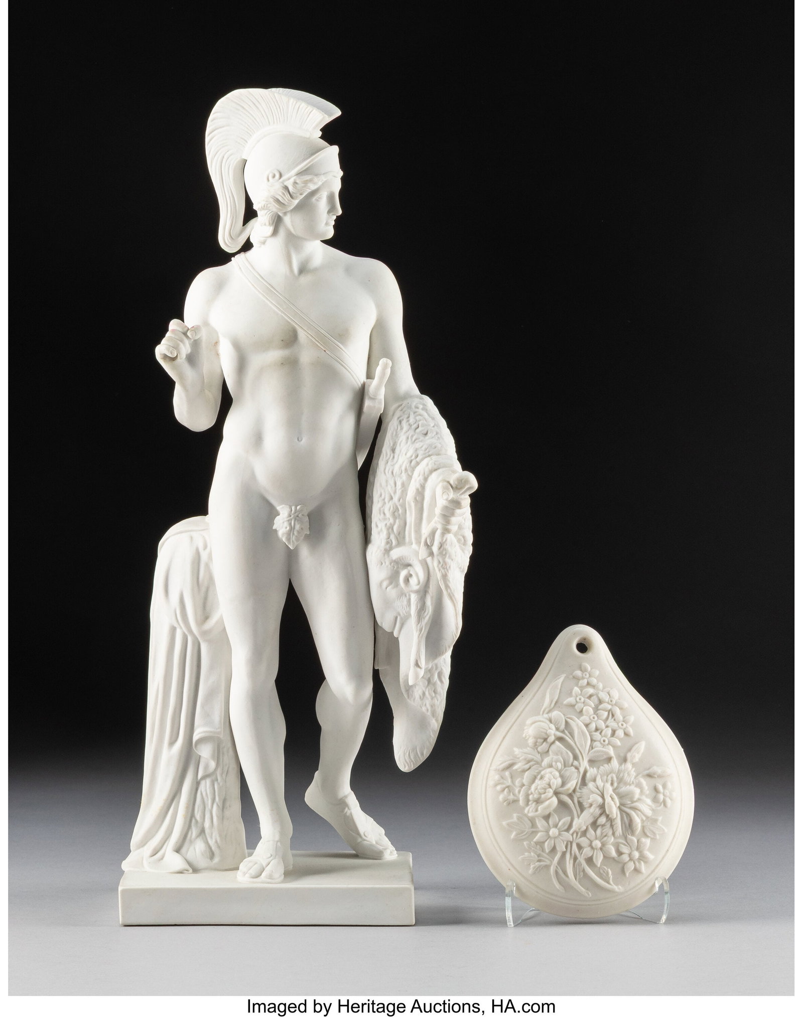 After Bertel Thorvaldsen Jason and the Golden Fl: After Bertel Thorvaldsen Jason and the Golden Fleece and a Shield, late 19th century and later Bisque porcelain 13-1/2 x 5-3/4 x 4-5/8 inches (34.3 x 14.6 x 11&per