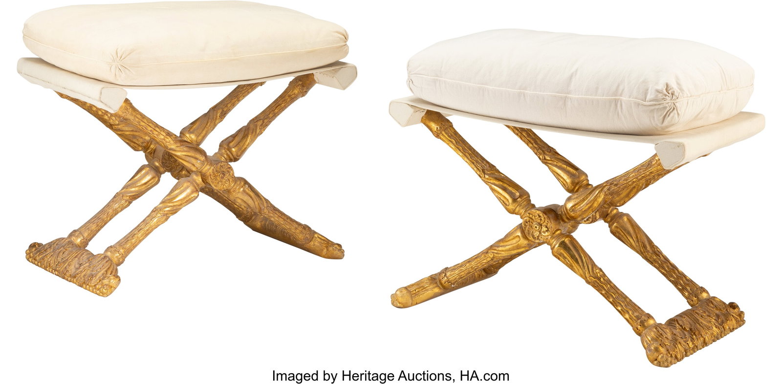 A Pair of Louis XVI-Style Gilt Wood Tabourets, l: A Pair of Louis XVI-Style Gilt Wood Tabourets, late 19th century 24-1/2 x 26-3/8 x 16 inches (62.2 x 67.0 x 40.6 cm) (each, overall) HID031