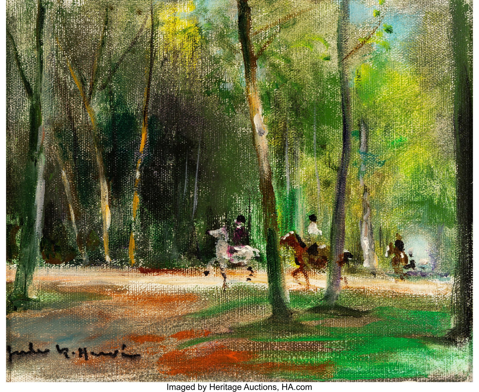 Jules René Hervé (French, 1887-1981) Cavalier : Jules René Hervé (French, 1887-1981) Cavalier en Forêt a Auberives (Riders in the forest at Auberives) Oil on canvas 8-5/8 x 10-5/8 inches (2