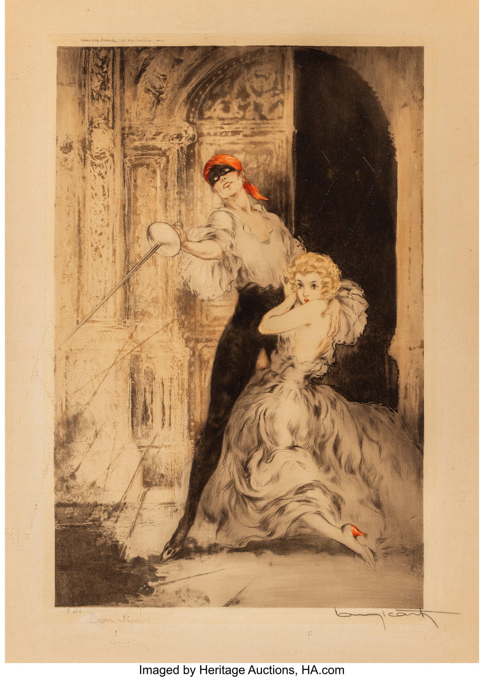Louis Icart Don Juan, 1928 Etching with handcolo: Louis Icart Don Juan, 1928 Etching with handcoloring on wove paper 24-7/8 x 17-7/8 inches (63.2 x 45.4 cm) (sight) Signed in pencil lower right; wi