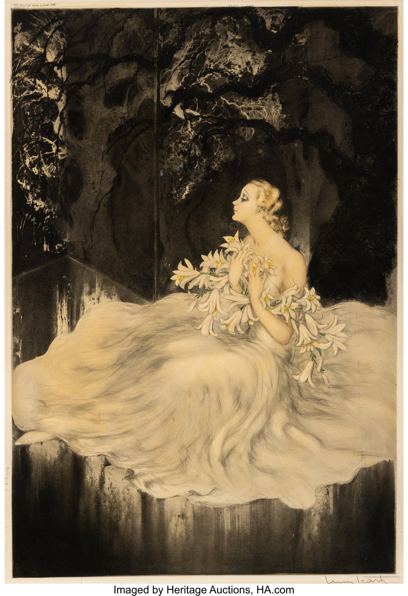 Louis Icart Lilies, 1934 Etching with handcolori: Louis Icart Lilies, 1934 Etching with handcoloring on wove paper 28-1/2 x 19-1/2 inches (72.4 x 49.5 cm) (sight) Signed in pencil lower right; with