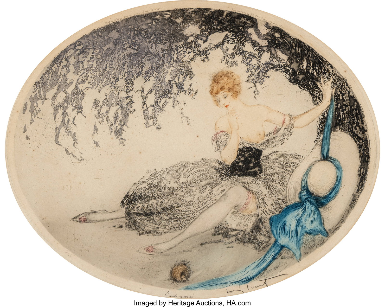 Louis Icart Fallen Nest, 1924 Etching and aquati: Louis Icart Fallen Nest, 1924 Etching and aquatint with handcoloring on wove paper 16 x 20 inches (40.6 x 50.8 cm) (sight) Signed in pencil lower right LITERATU