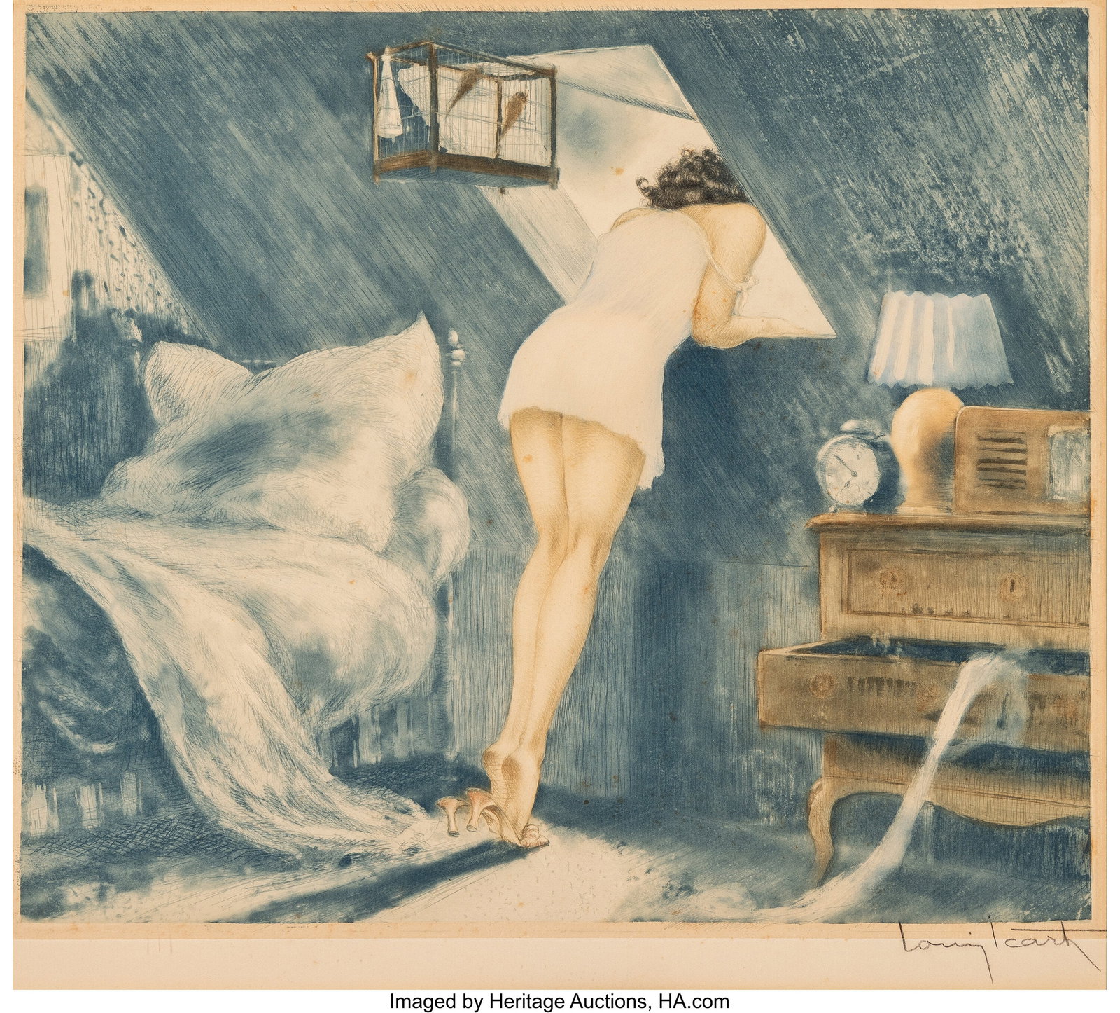 Louis Icart The Attic Room, 1940 Etching in colo: Louis Icart The Attic Room, 1940 Etching in colors on wove paper 15-3/4 x 17 inches (40.0 x 43.2 cm) (sight) Signed in pencil lower right LITERATURE: 