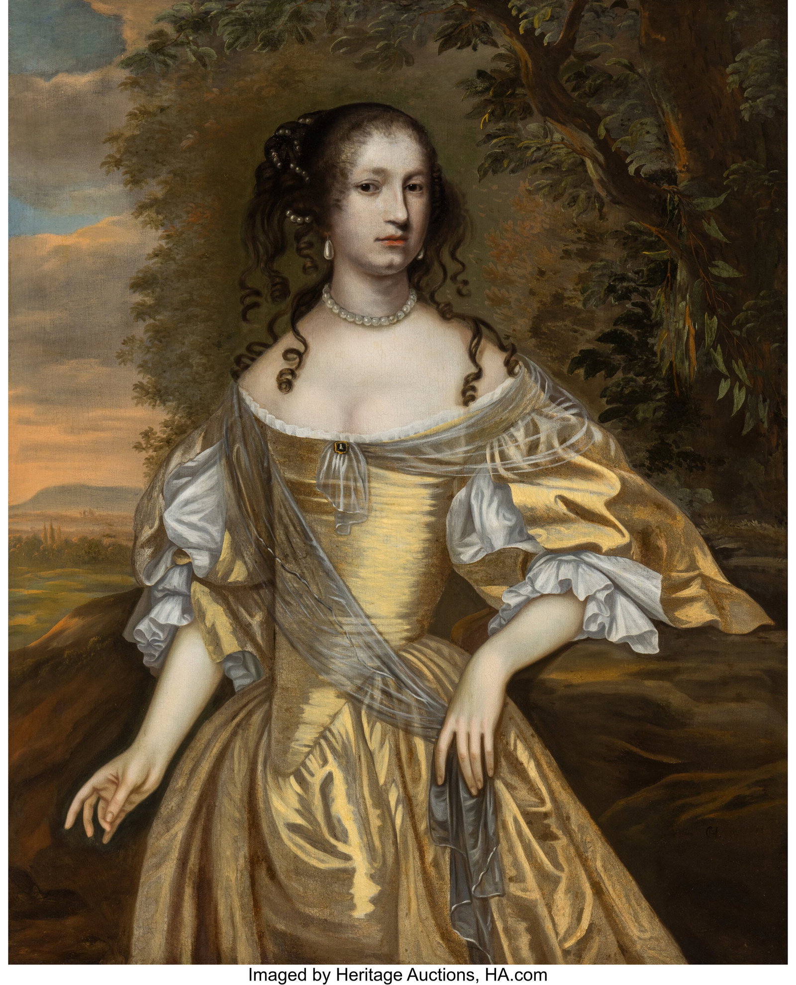 British School (18th Century) Portrait of a Woma: British School (18th Century) Portrait of a Woman in Gold Oil on canvas 43-1/4 x 34-3/4 inches (109.9 x 88.3 cm) Initialed lower right: CHN or CNH PROVE
