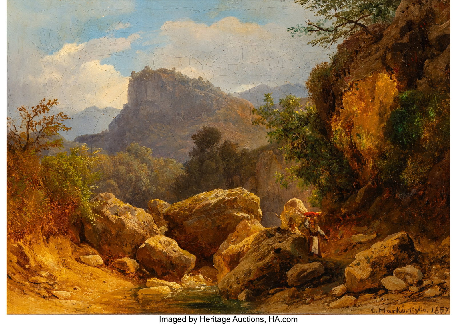 Károly Markó the Younger (Hungarian/Italian, 1: Károly Markó the Younger (Hungarian/Italian, 1822-1891) Rocky Landscape with Figures, 1857 Oil on canvas 10-3/4 x 15-1/4 inches (27.3 x 38&p