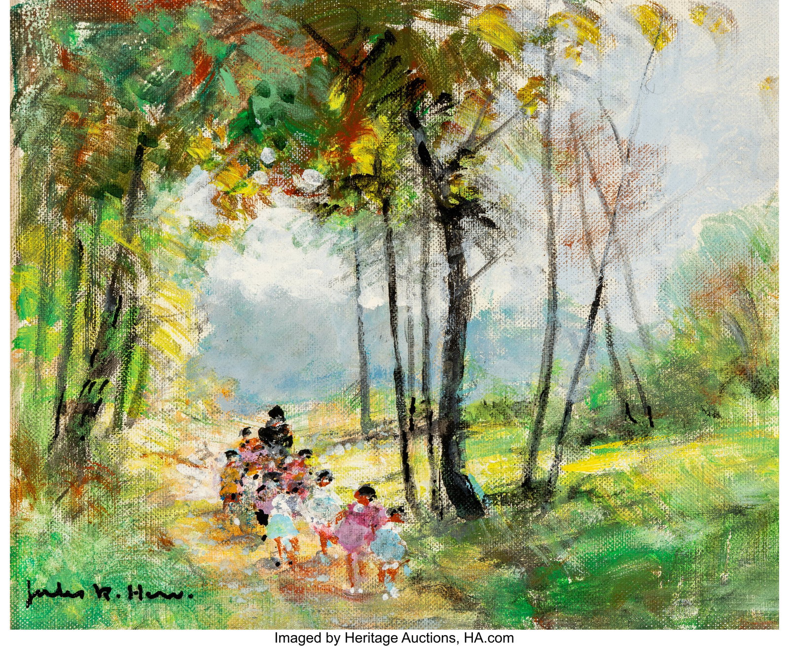 Jules René Hervé (French, 1887-1981) Field Tri: Jules René Hervé (French, 1887-1981) Field Trip Oil on canvas 8-5/8 x 10-5/8 inches (21.9 x 27.0 cm) Signed lower left: Jules R&peri