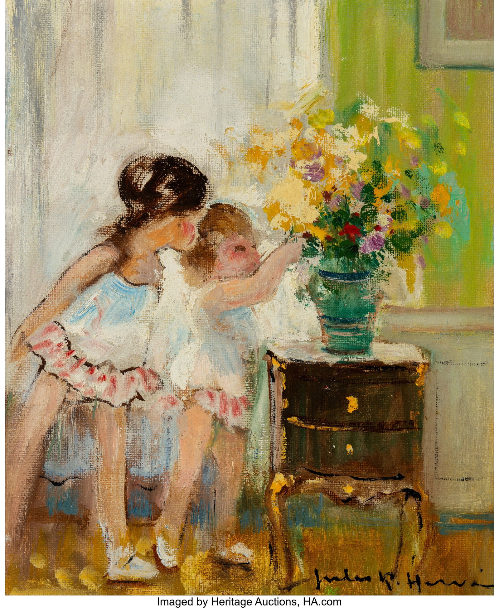 Jules René Hervé (French, 1887-1981) Two Girls: Jules René Hervé (French, 1887-1981) Two Girls with a Bouquet of Flowers Oil on canvas 11 x 9 inches (27.9 x 22.9 cm) Signed lower right: Ju