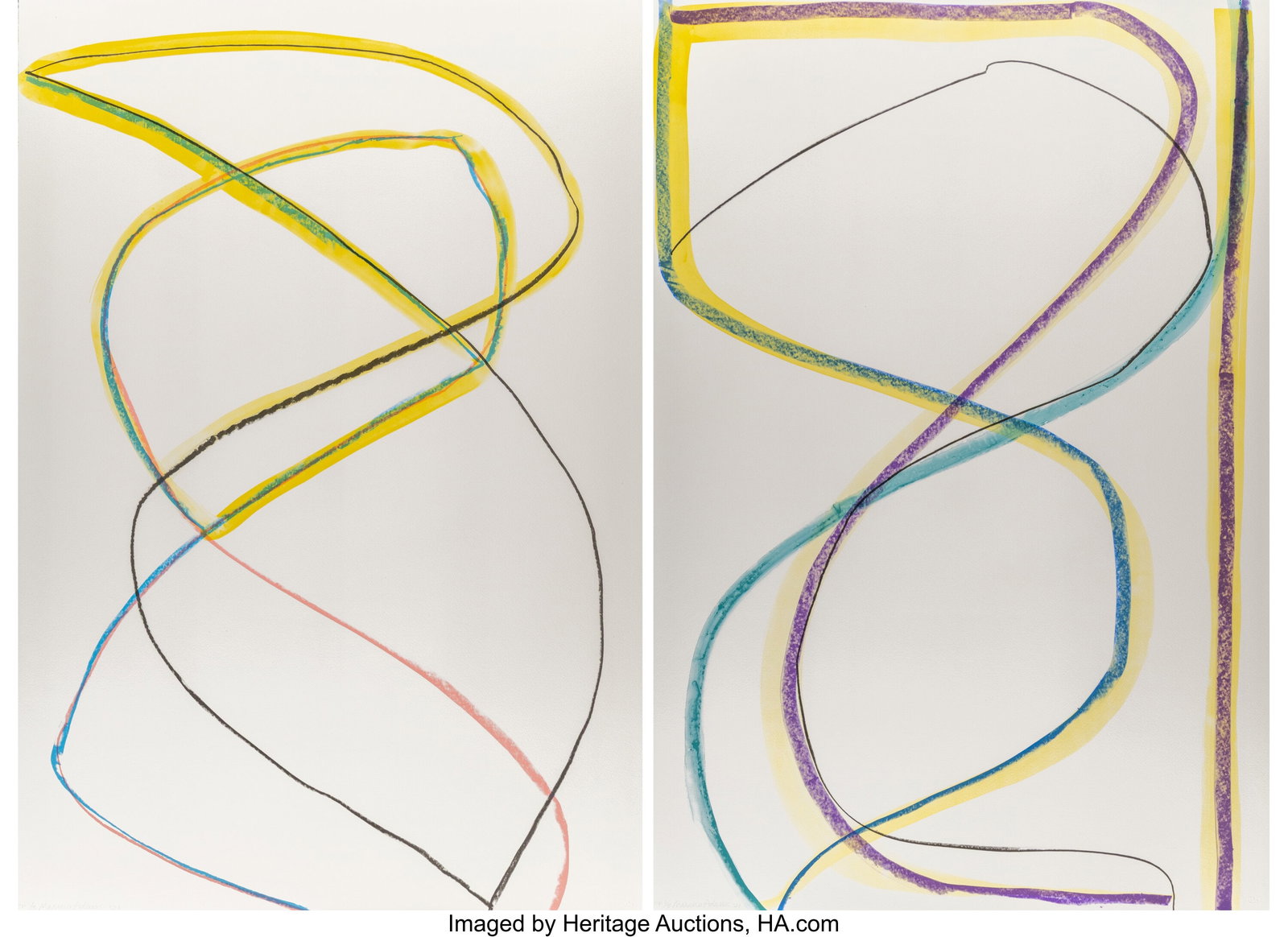 Marina Adams (b. 1960) Birdpath 1; Birdpath 2 (t: Marina Adams (b. 1960) Birdpath 1; Birdpath 2 (two works), 2021 Lithographs in colors on wove paper 44-5/8 x 30-1/4 inches (113.3 x 76.