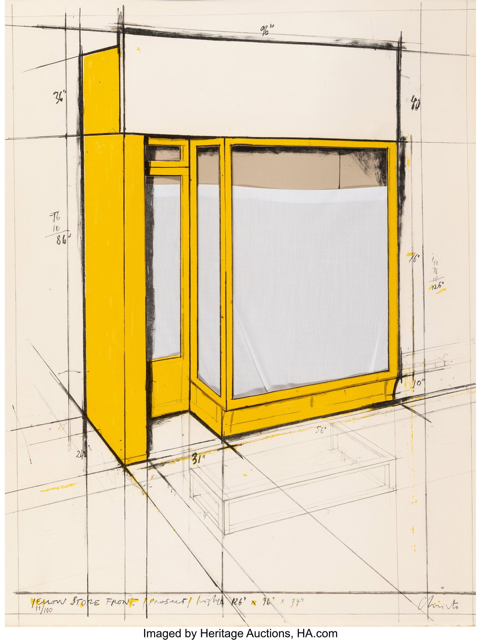 Christo (1935-2020) Yellow Store Front, Project,: Christo (1935-2020) Yellow Store Front, Project, 1980 Lithograph in colors on cut Arches paper with collage elements of acetate mounted to museum board, as issued 32 x 23-1