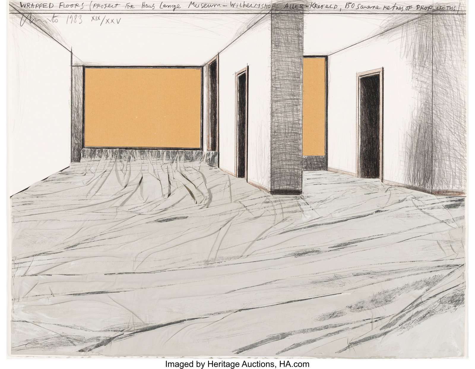 Christo (1935-2020) Wrapped Floors, 1983 Lithogr: Christo (1935-2020) Wrapped Floors, 1983 Lithograph with collage of brown wrapping paper, hand-painted cloth and staples, on Arches paper 22-1/4 x 28-1/4 inches &lp