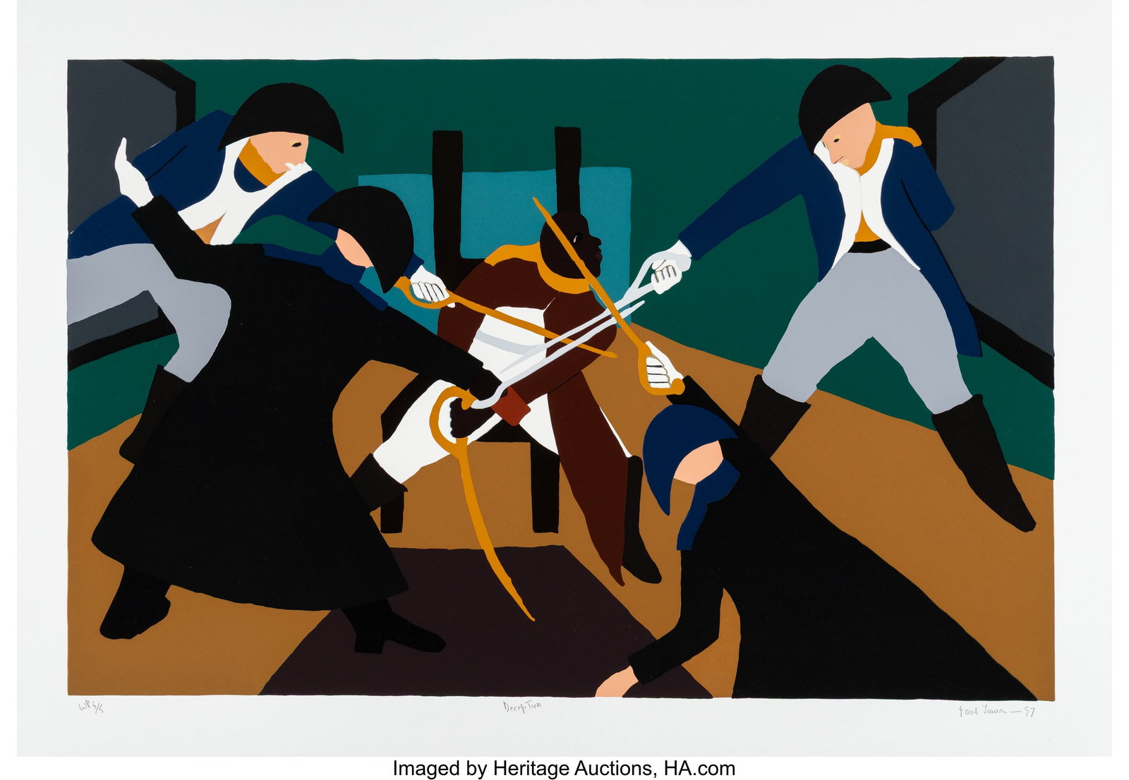 Jacob Lawrence (1917-2000) Deception, from Touss: Jacob Lawrence (1917-2000) Deception, from Toussaint L'overture, 1997 Screenprint in colors on Rising paper 22-1/4 x 32 inches (56.5 x 81.3 cm)