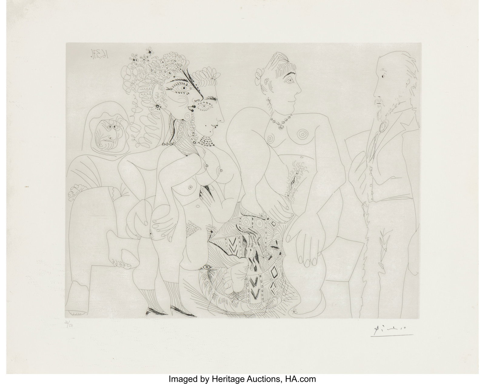 Pablo Picasso (1881-1973) Maison close, Degas av: Pablo Picasso (1881-1973) Maison close, Degas avec son album, Ce?lestine, trois filles, et un pouf Marocain, from Série 156, 1971 Etching on B&peri