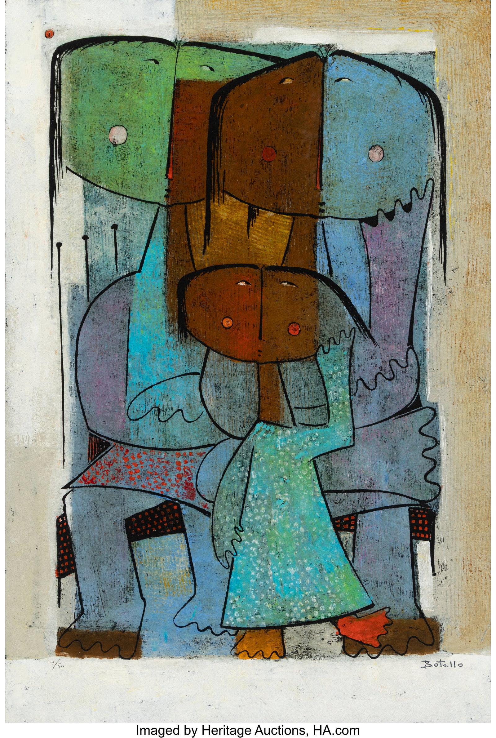 Angel Botello (1913-1986) Untitled, circa 1975 L: Angel Botello (1913-1986) Untitled, circa 1975 Linocut in colors on wove paper 36 x 24 inches (91.4 x 61.0 cm) (sheet) Ed. 14/50 Signed and