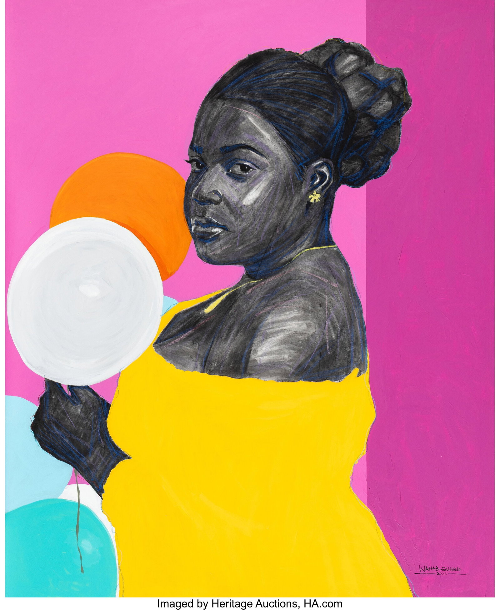 Wahab Saheed (b. 1998) Silent Wishes in August, : Wahab Saheed (b. 1998) Silent Wishes in August, 2022 Acrylic, charcoal and mixed media on canvas 66 x 54 inches (167.6 x 137.2 cm) Signed and dated