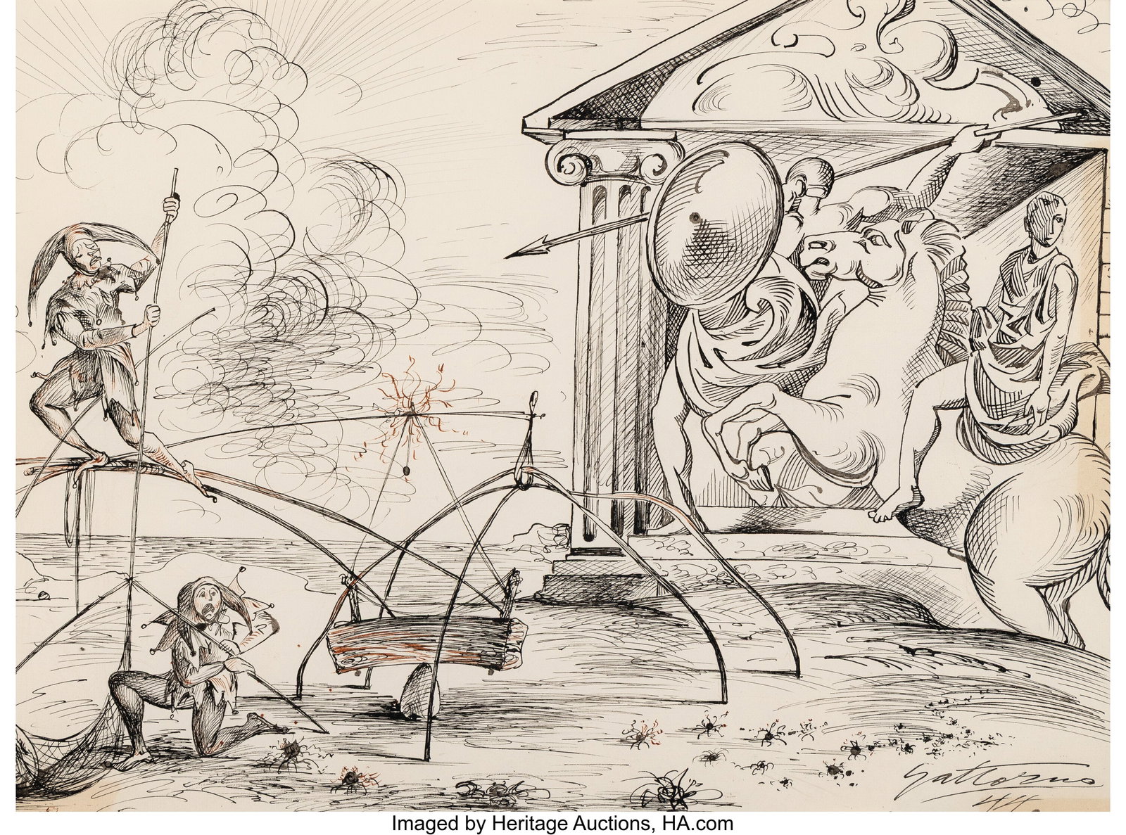 Antonio Gattorno (1904-1980) Suffering Jokers, 1: Antonio Gattorno (1904-1980) Suffering Jokers, 1944 Ink on paper 16-5/8 x 23 inches (42.2 x 58.4 cm) (sight) Signed and dated lower right: G