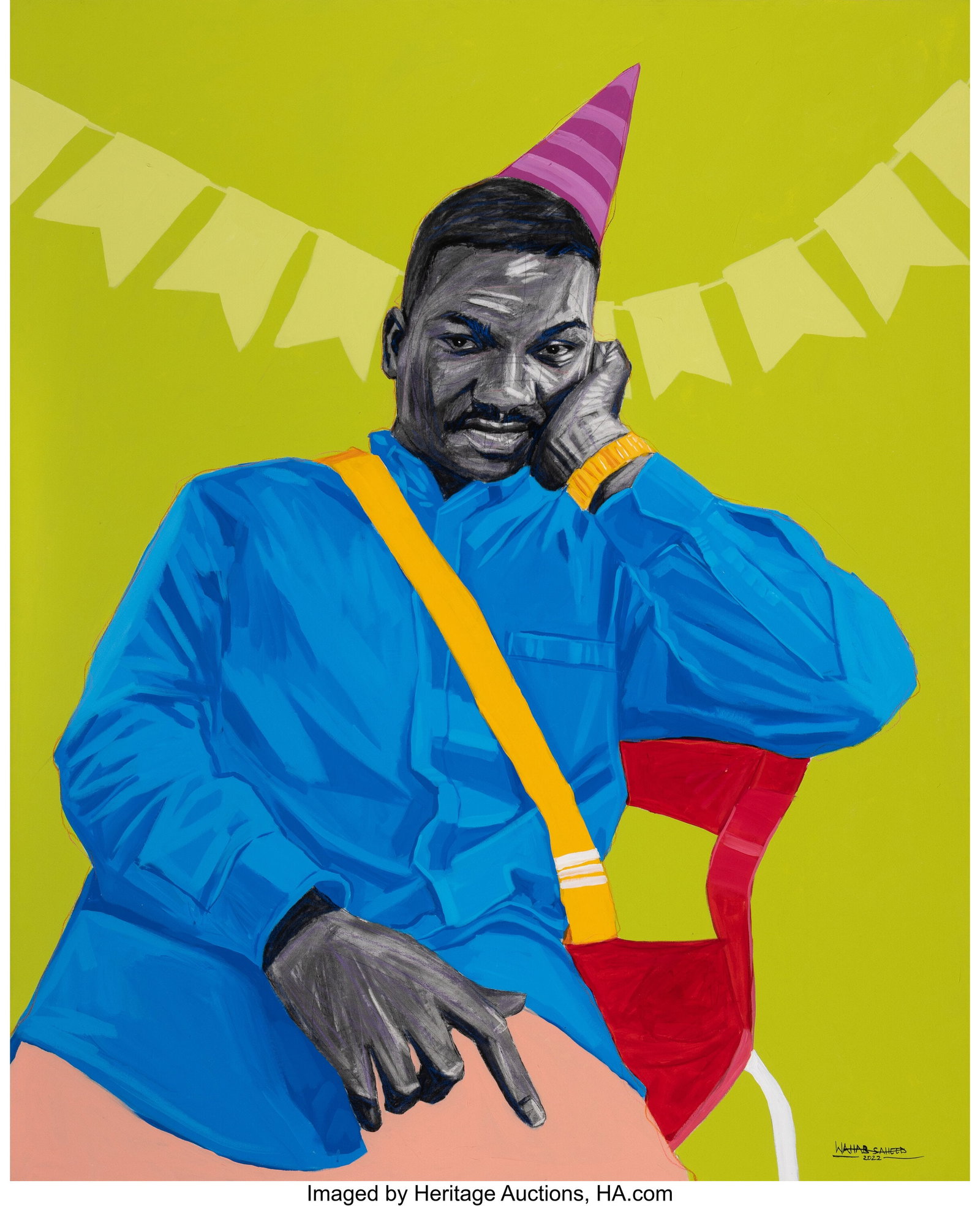 Wahab Saheed (b. 1998) Awaiting November, 2022 A: Wahab Saheed (b. 1998) Awaiting November, 2022 Acrylic, charcoal, chalk, and pastel on canvas 65-3/4 x 53-3/4 inches (167.0 x 136.5 