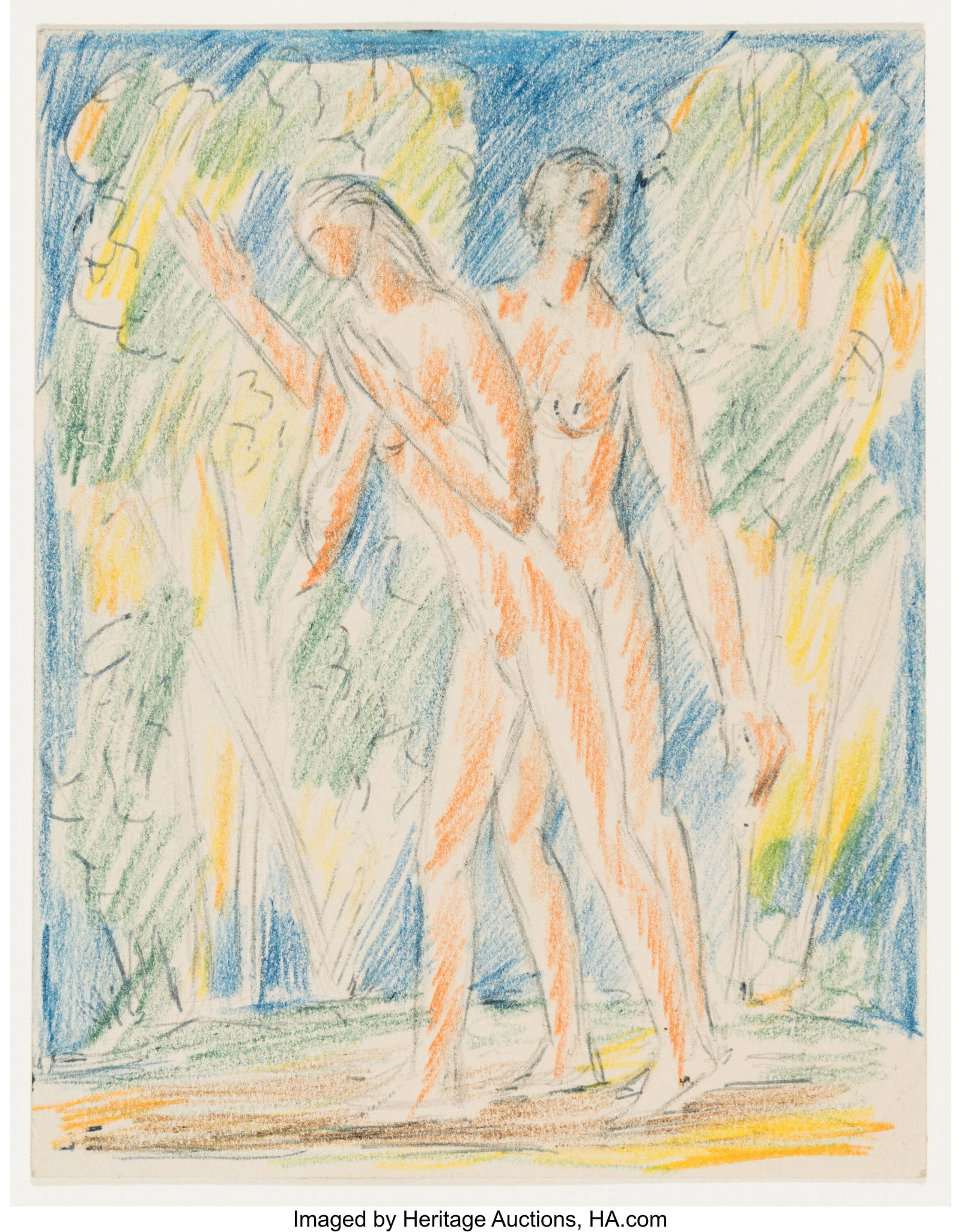 John Bradley Storrs (1885-1956) Two figures in a: John Bradley Storrs (1885-1956) Two figures in a landscape Colored pencil on paper 4-1/2 x 3-1/2 inches (11.4 x 8.9 cm) (sheet) Initialed lower righ