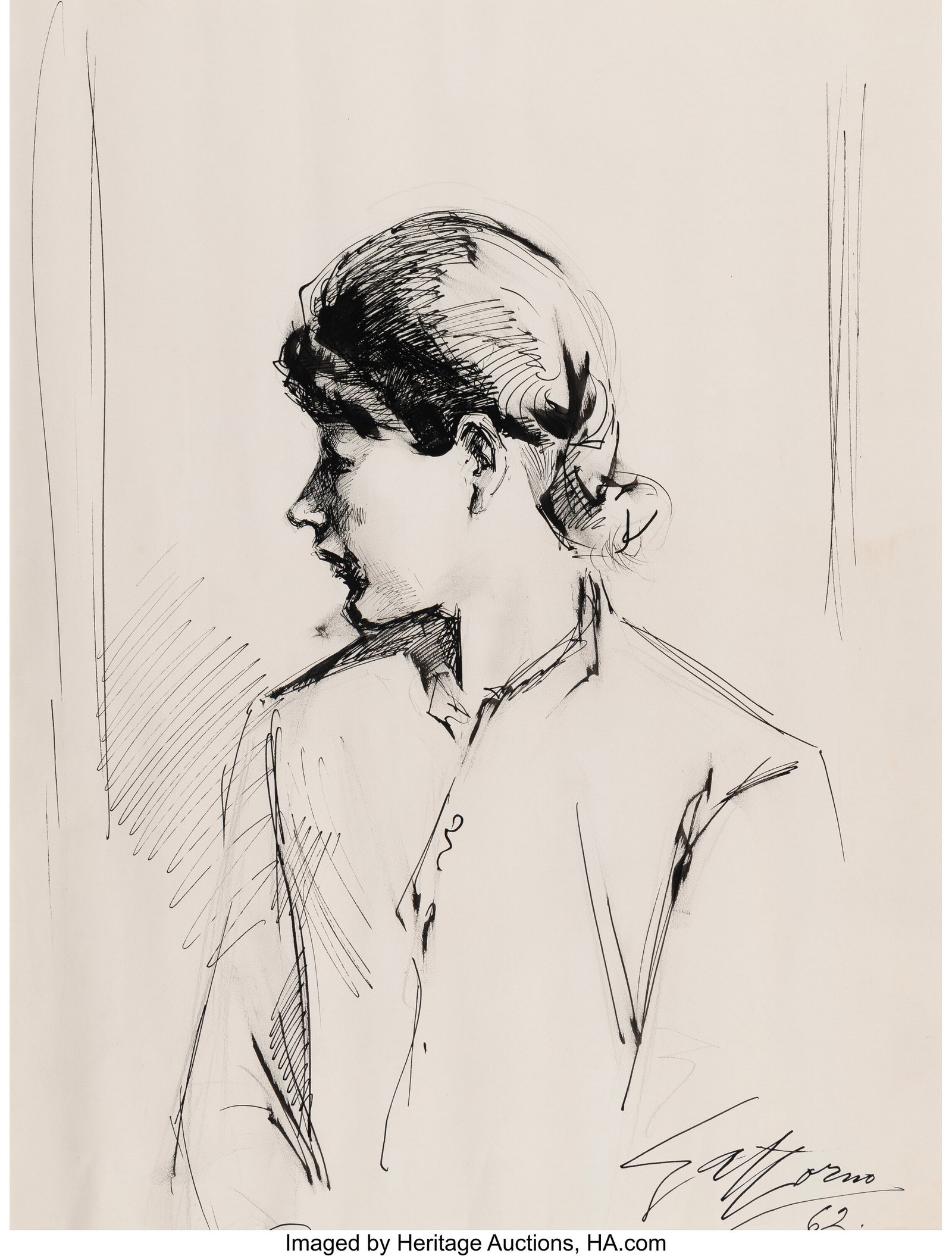 Antonio Gattorno (1904-1980) Portrait of Isabel,: Antonio Gattorno (1904-1980) Portrait of Isabel, 1962 Ink and graphite on paper 23 x 17-1/4 inches (58.4 x 43.8 cm) (sight) Signed and dated lower