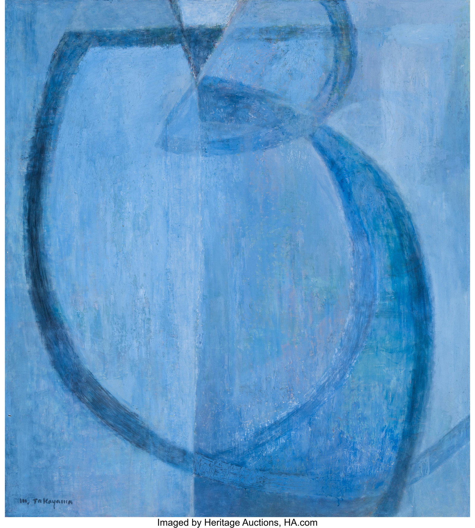 Michio Takayama (1903-1994) Dyad in Blue Oil on : Michio Takayama (1903-1994) Dyad in Blue Oil on canvas 40 x 36 inches (101.6 x 91.4 cm) Signed lower left: M. Takayama Signed and titled on stretcher&col