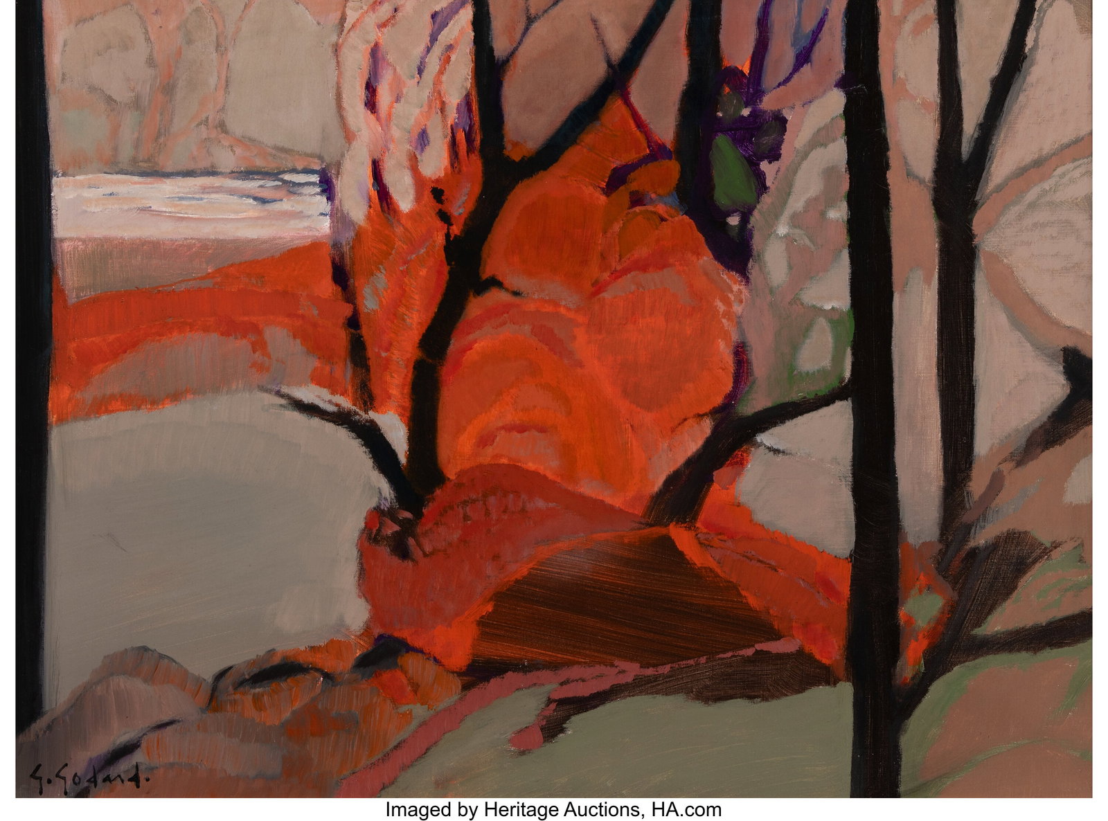 Gabriel Godard (b. 1933) The Red Bush Oil on can: Gabriel Godard (b. 1933) The Red Bush Oil on canvas 21-3/8 x 28-3/4 inches (54.3 x 73.0 cm) Signed lower left: G. Godard Titled and inscri